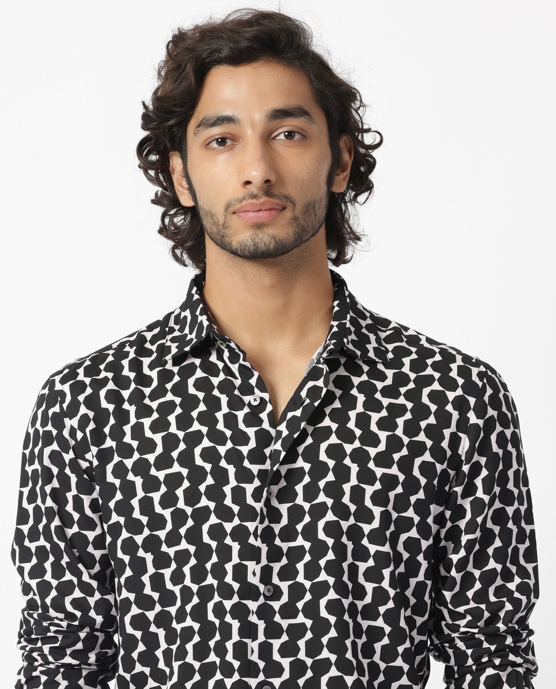 Rare Rabbit Men's Hexo Purple Viscose Fabric Geometric Print Full Sleeves Shirt