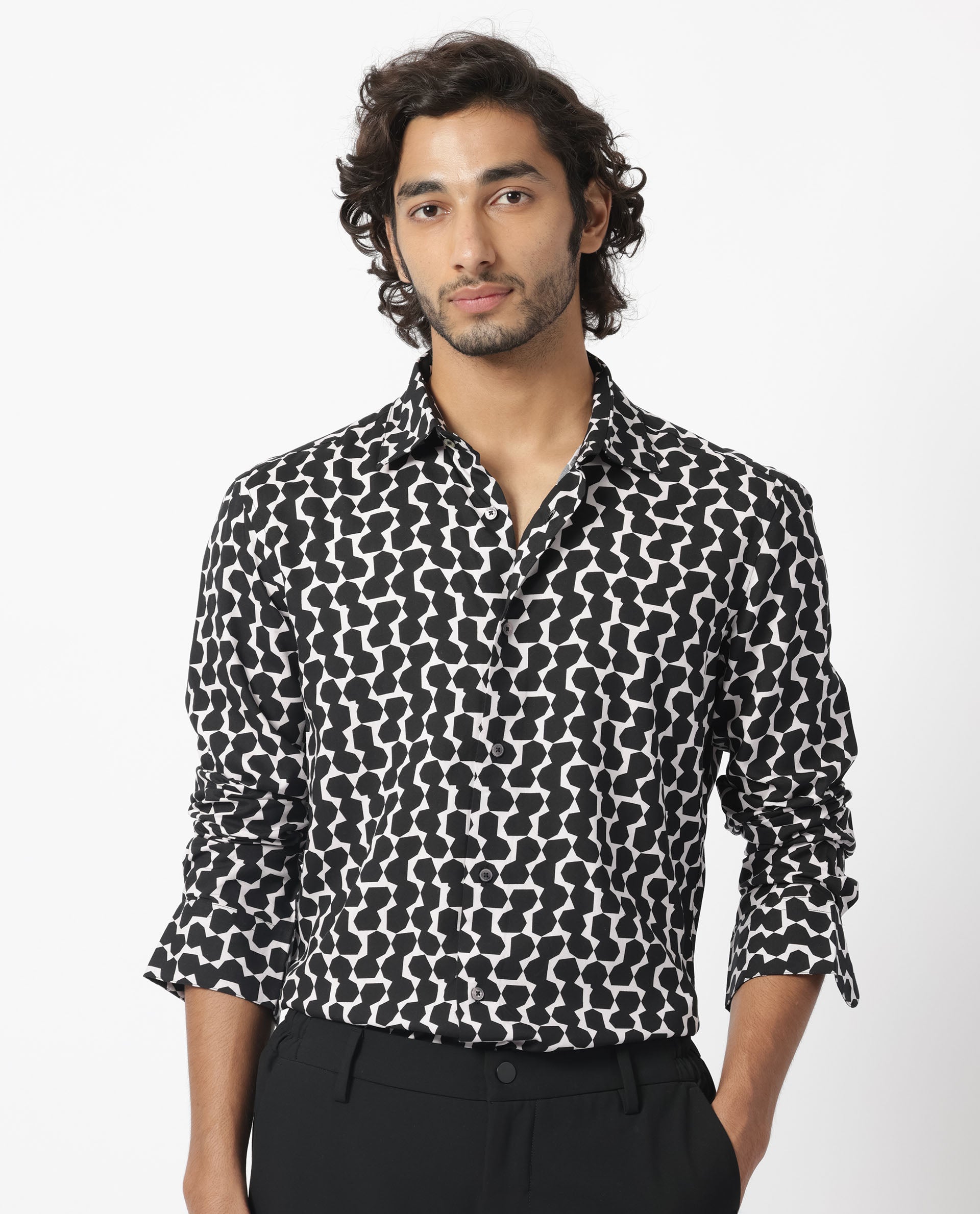 Rare Rabbit Men's Hexo Purple Viscose Fabric Geometric Print Full Sleeves Shirt