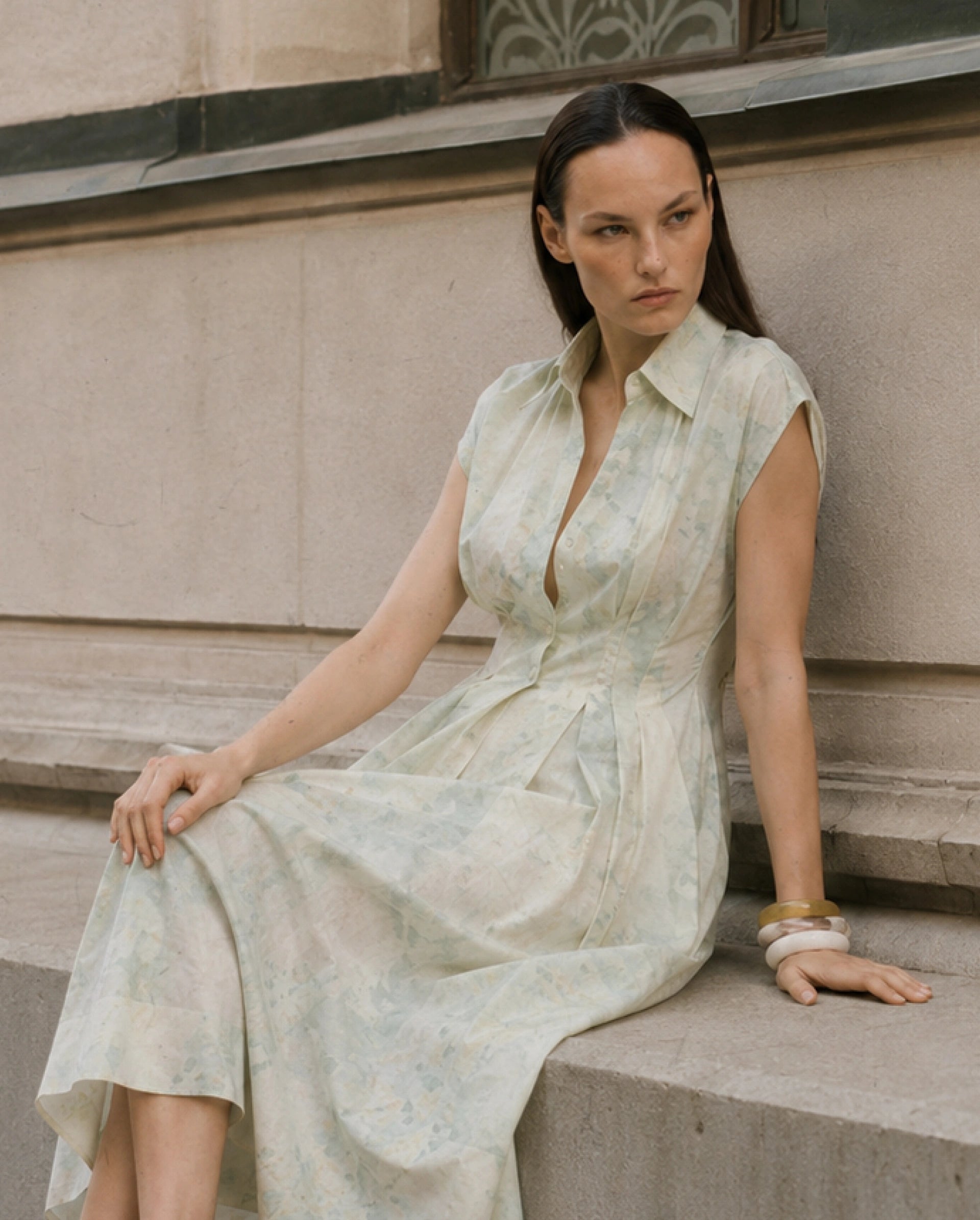 Rareism Women's Hiano Light Green Cotton Fabric Spread Collar Fit And Flare All Over Print Dress