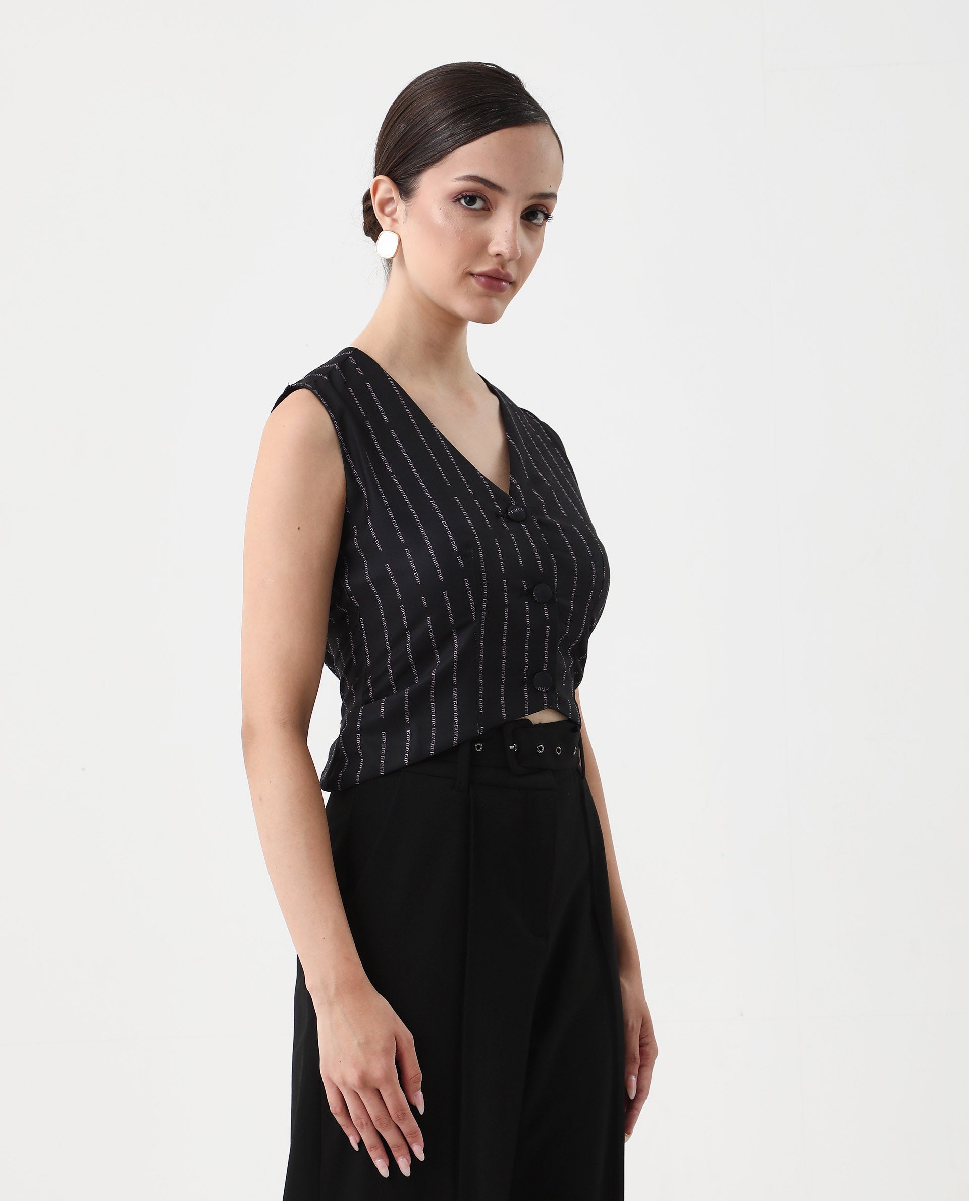 Rareism Women's Hicker Black Polyester V-Neck Striped Sleeveless Regular Fitted Top