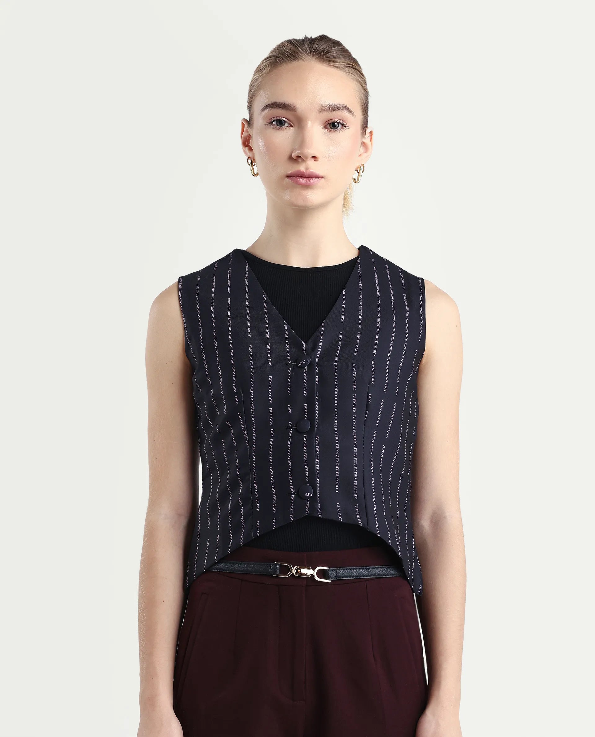 Rareism Women's Hicker Black Polyester V-Neck Striped Sleeveless Regular Fitted Top