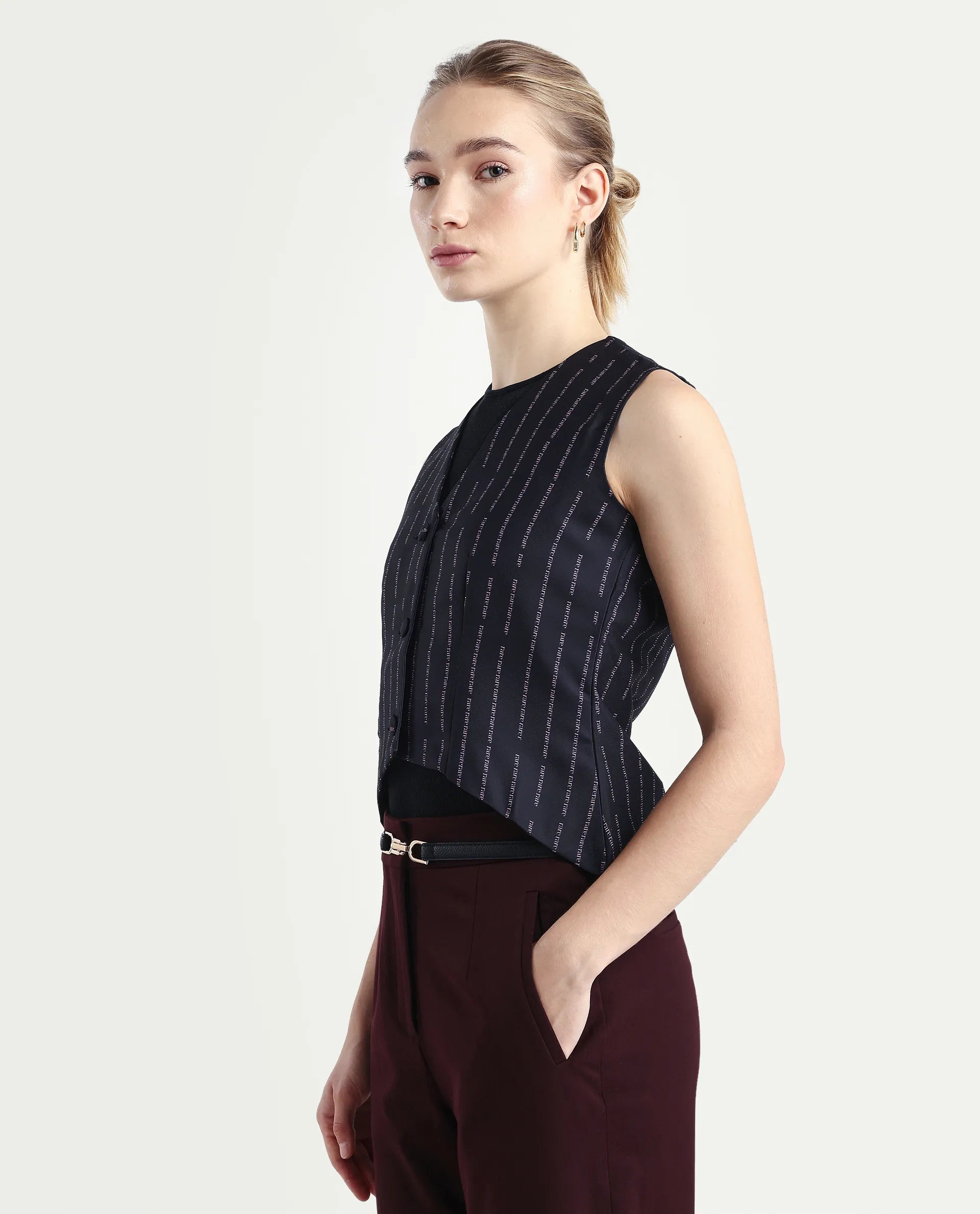 Rareism Women's Hicker Black Polyester V-Neck Striped Sleeveless Regular Fitted Top