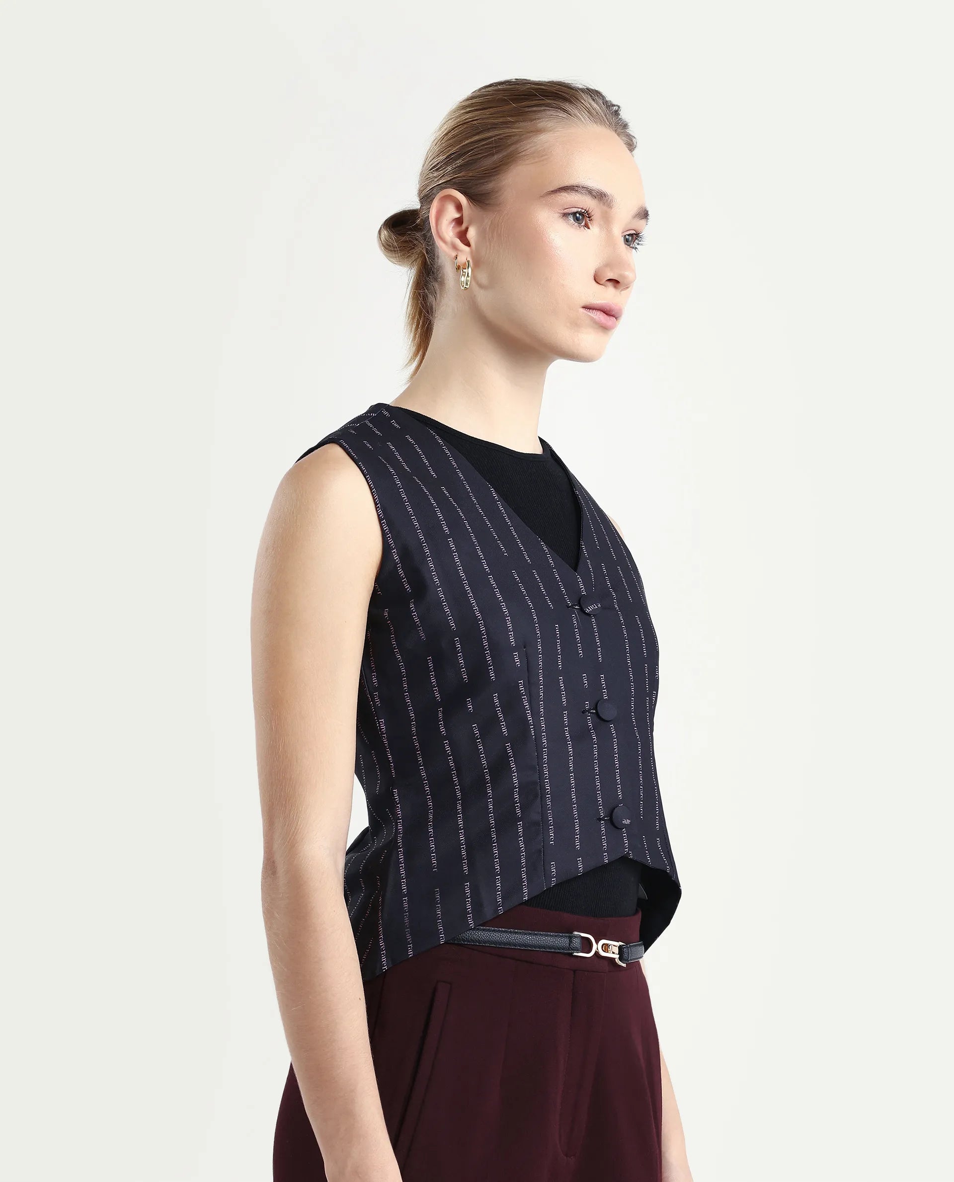 Rareism Women's Hicker Black Polyester V-Neck Striped Sleeveless Regular Fitted Top