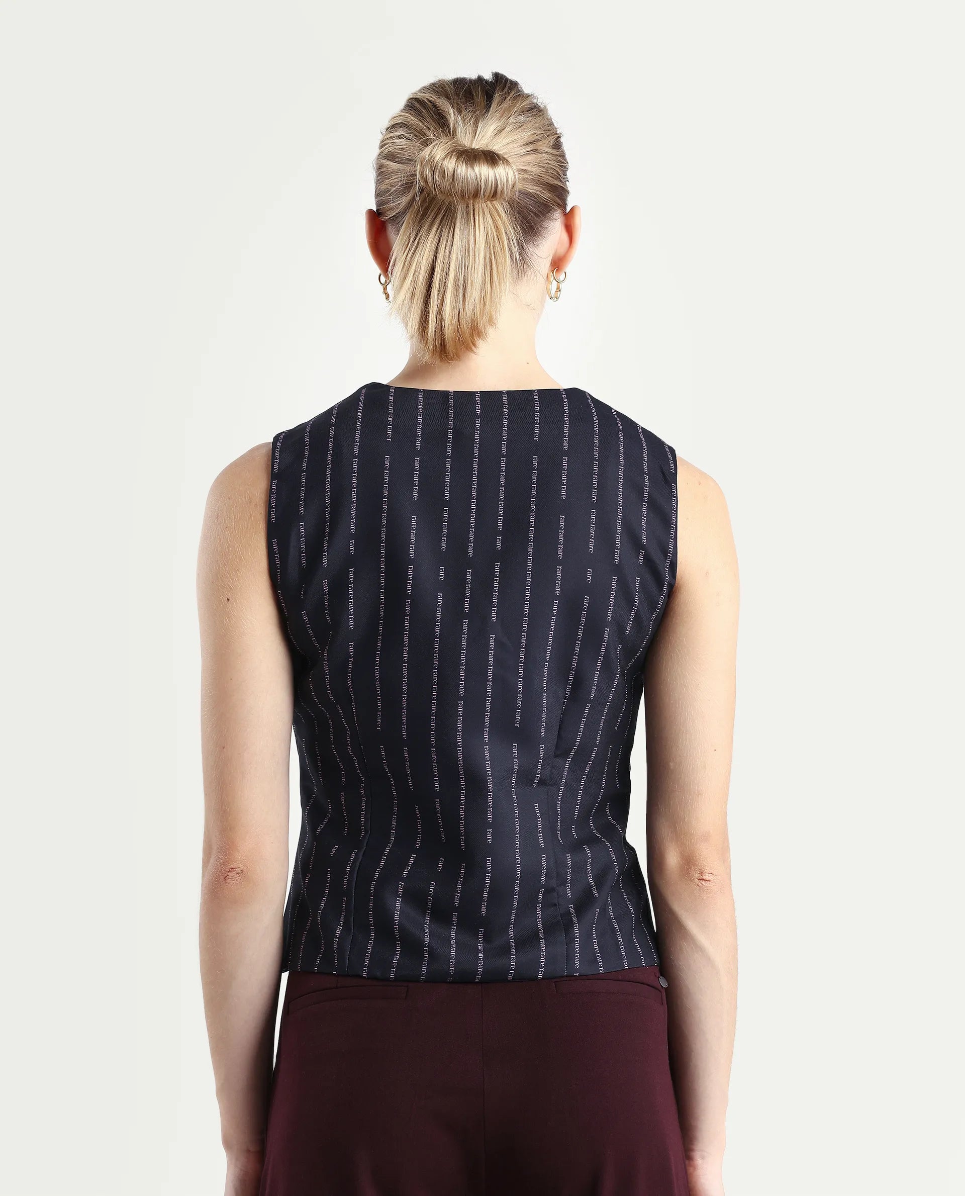 Rareism Women's Hicker Black Polyester V-Neck Striped Sleeveless Regular Fitted Top