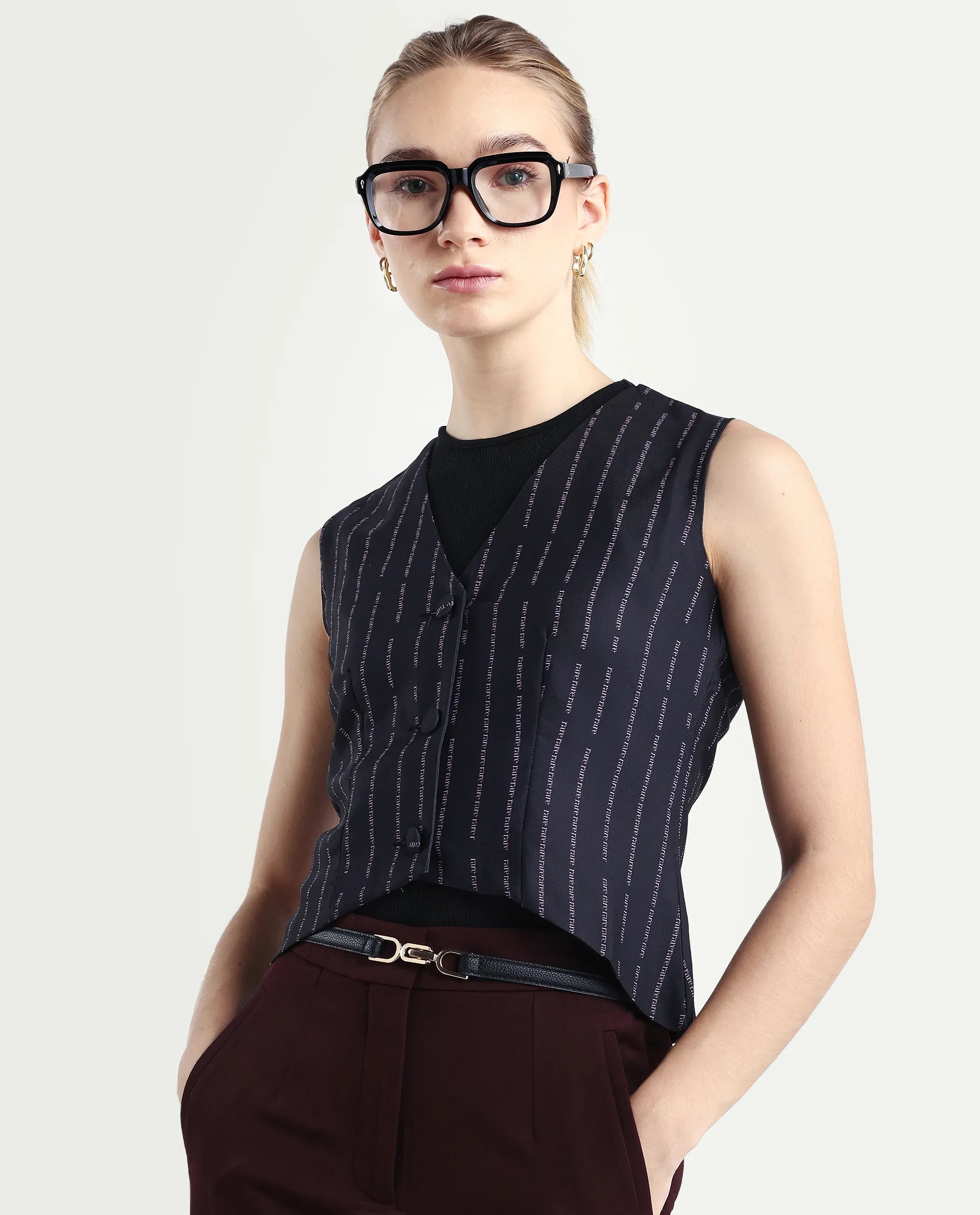 Rareism Women's Hicker Black Polyester V-Neck Striped Sleeveless Regular Fitted Top