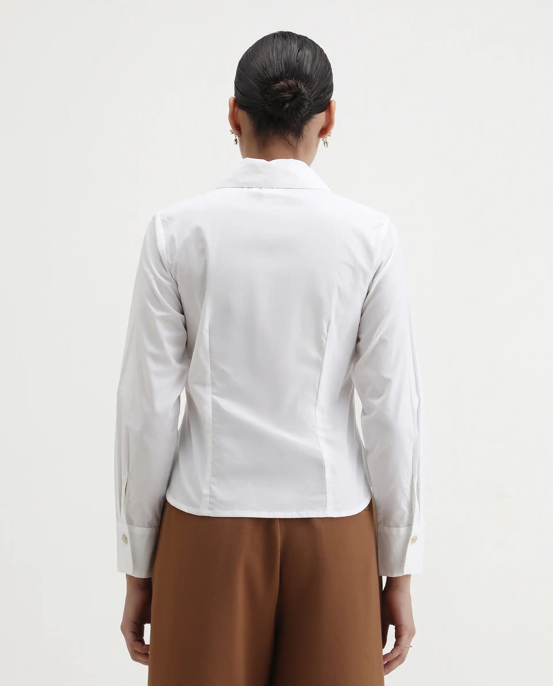 Rareism Women's Hikpo White Cotton Drop Collar Plain Cuffed Sleeve Regular Fit Shirt