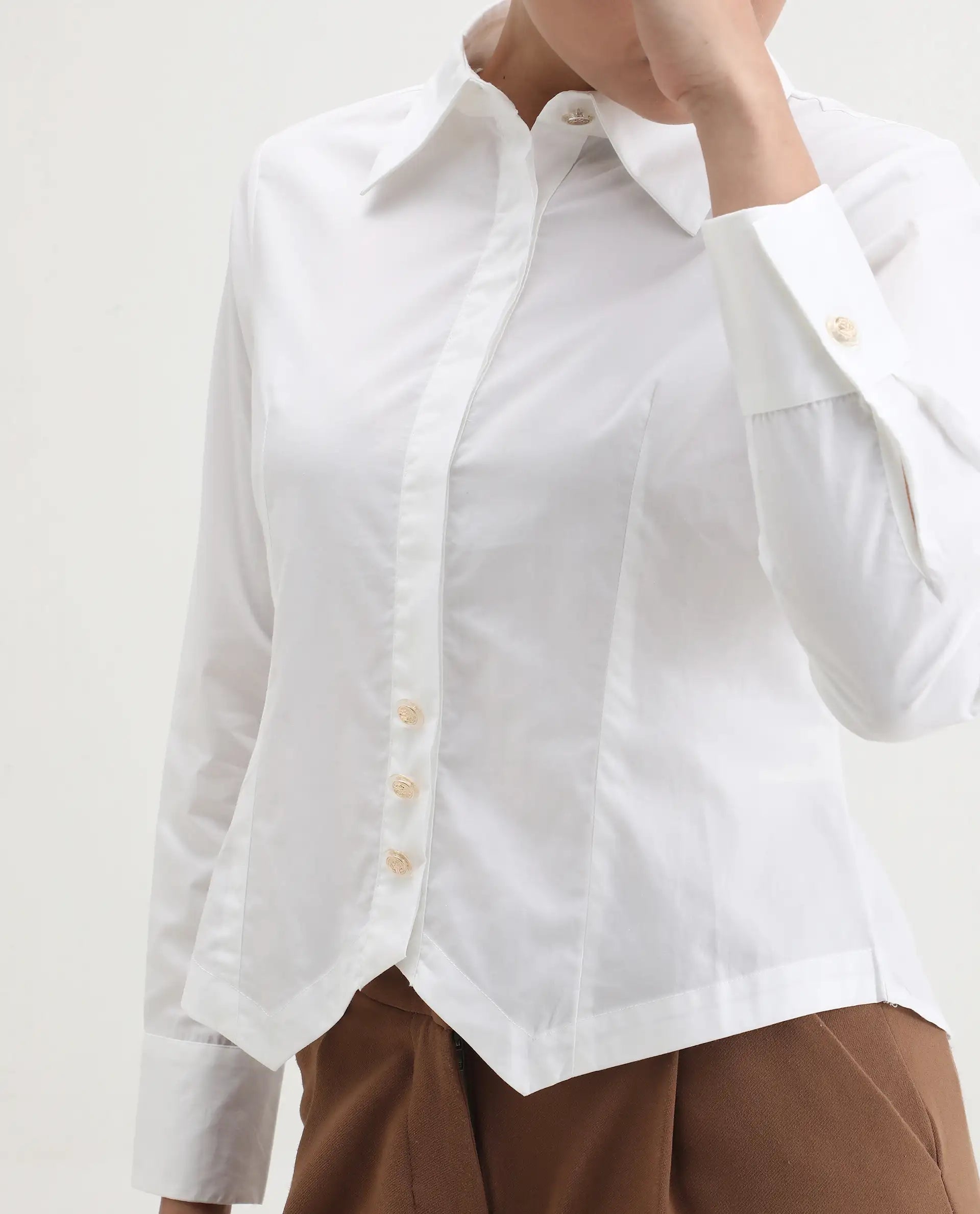 Rareism Women's Hikpo White Cotton Drop Collar Plain Cuffed Sleeve Regular Fit Shirt
