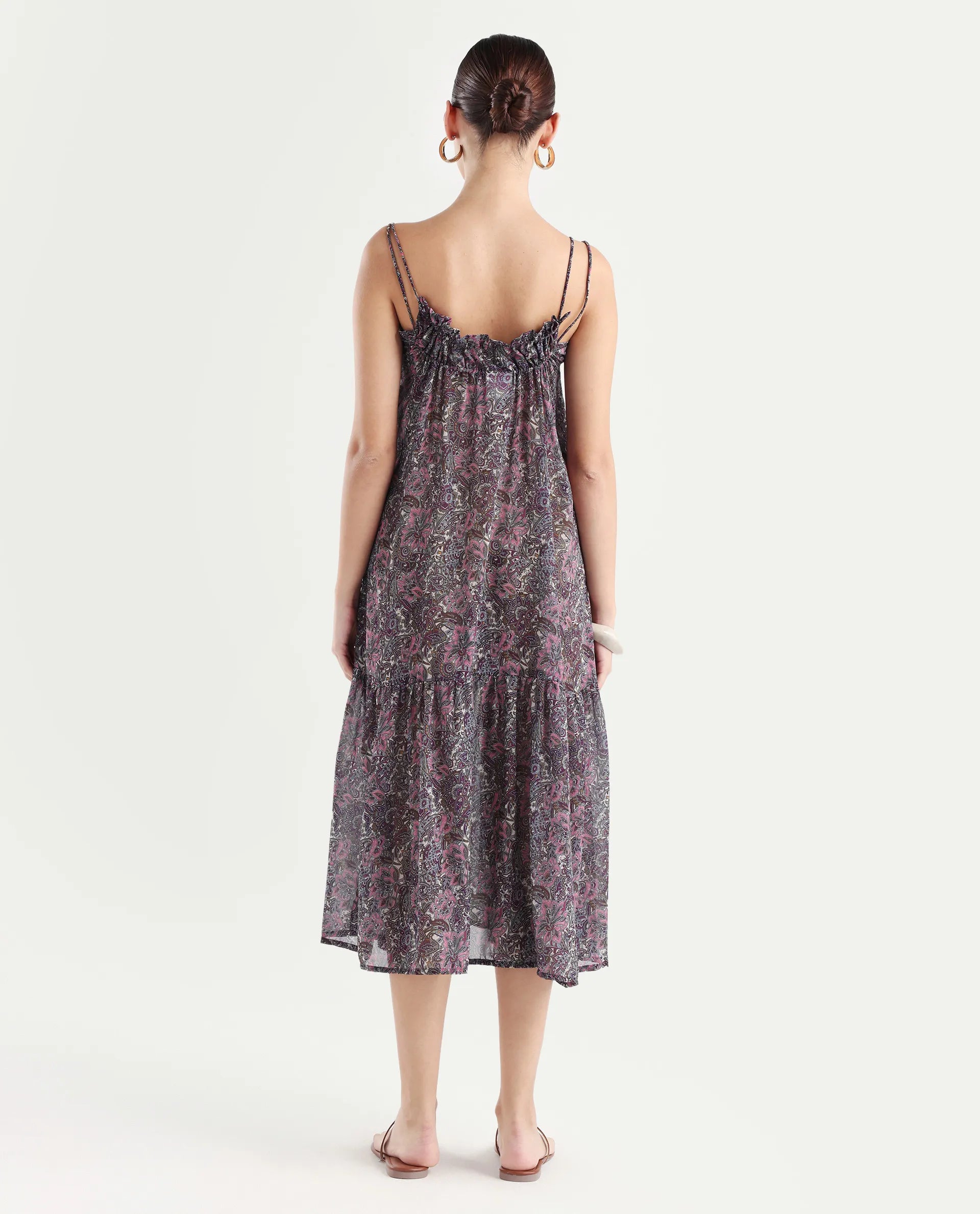 Rareism Women's Hilda Pink V-Neck Abstract Print Sleeveless Knee Length Regular Fit Dress