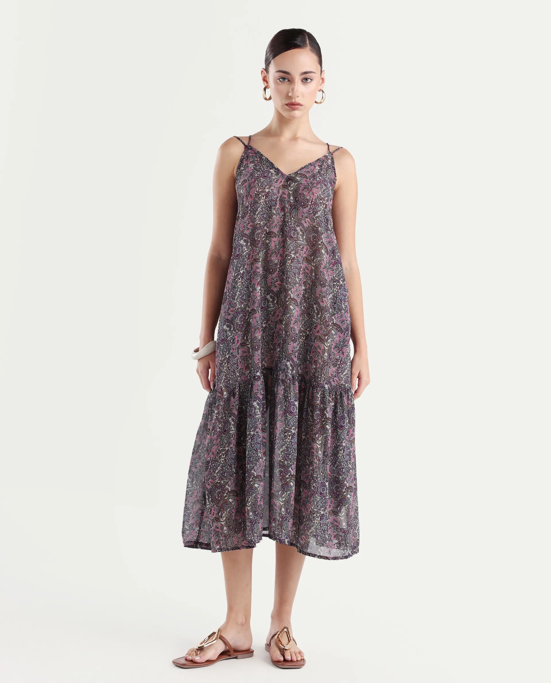 Rareism Women's Hilda Pink V-Neck Abstract Print Sleeveless Knee Length Regular Fit Dress