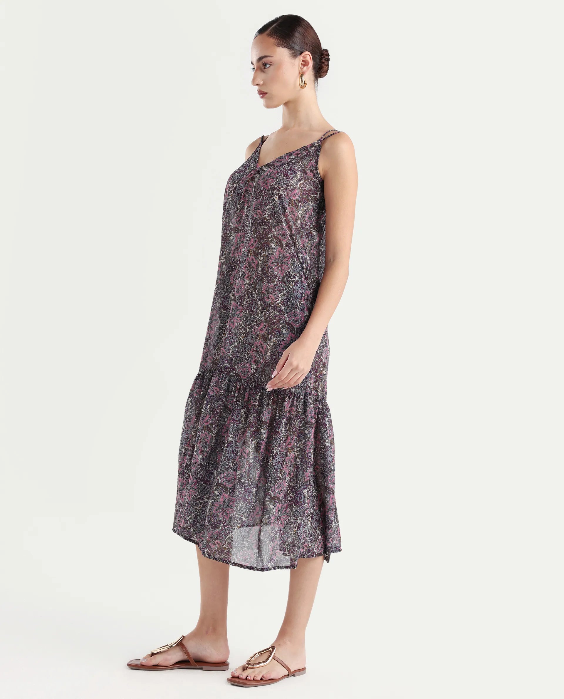 Rareism Women's Hilda Pink V-Neck Abstract Print Sleeveless Knee Length Regular Fit Dress