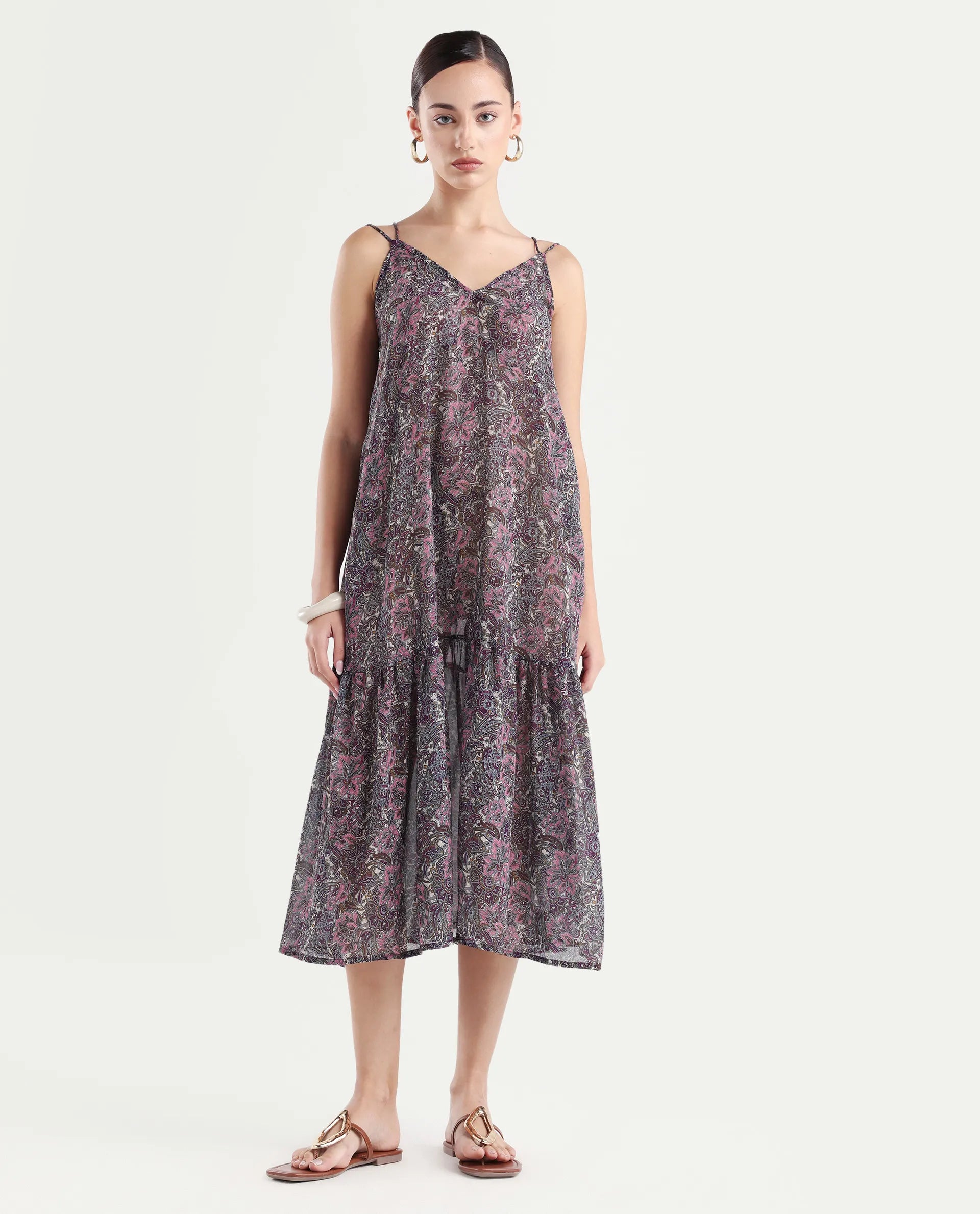 Rareism Women's Hilda Pink V-Neck Abstract Print Sleeveless Knee Length Regular Fit Dress