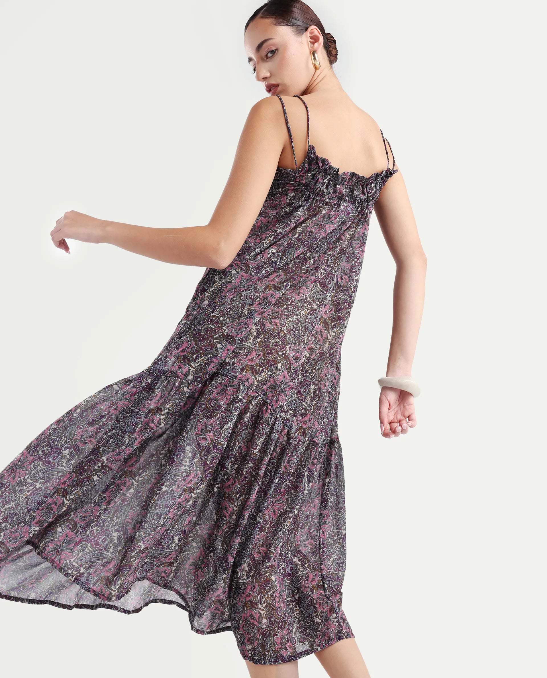 Rareism Women's Hilda Pink V-Neck Abstract Print Sleeveless Knee Length Regular Fit Dress