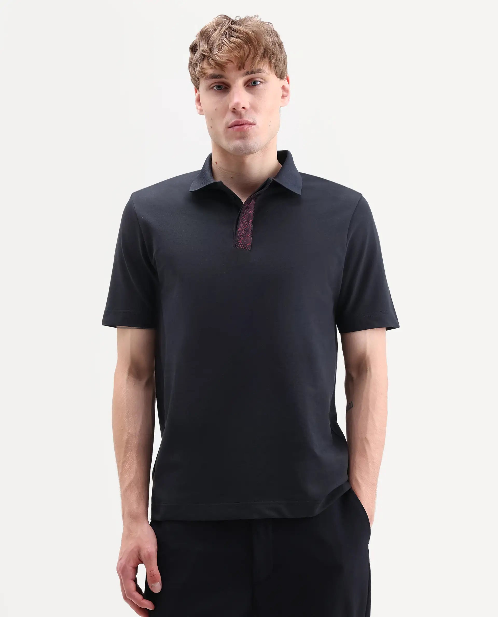 Rare Rabbit Men's Hin-S26 Navy Cotton Blend Fabric Half Sleeve Spread Collar Regular Fit Plain Polo
