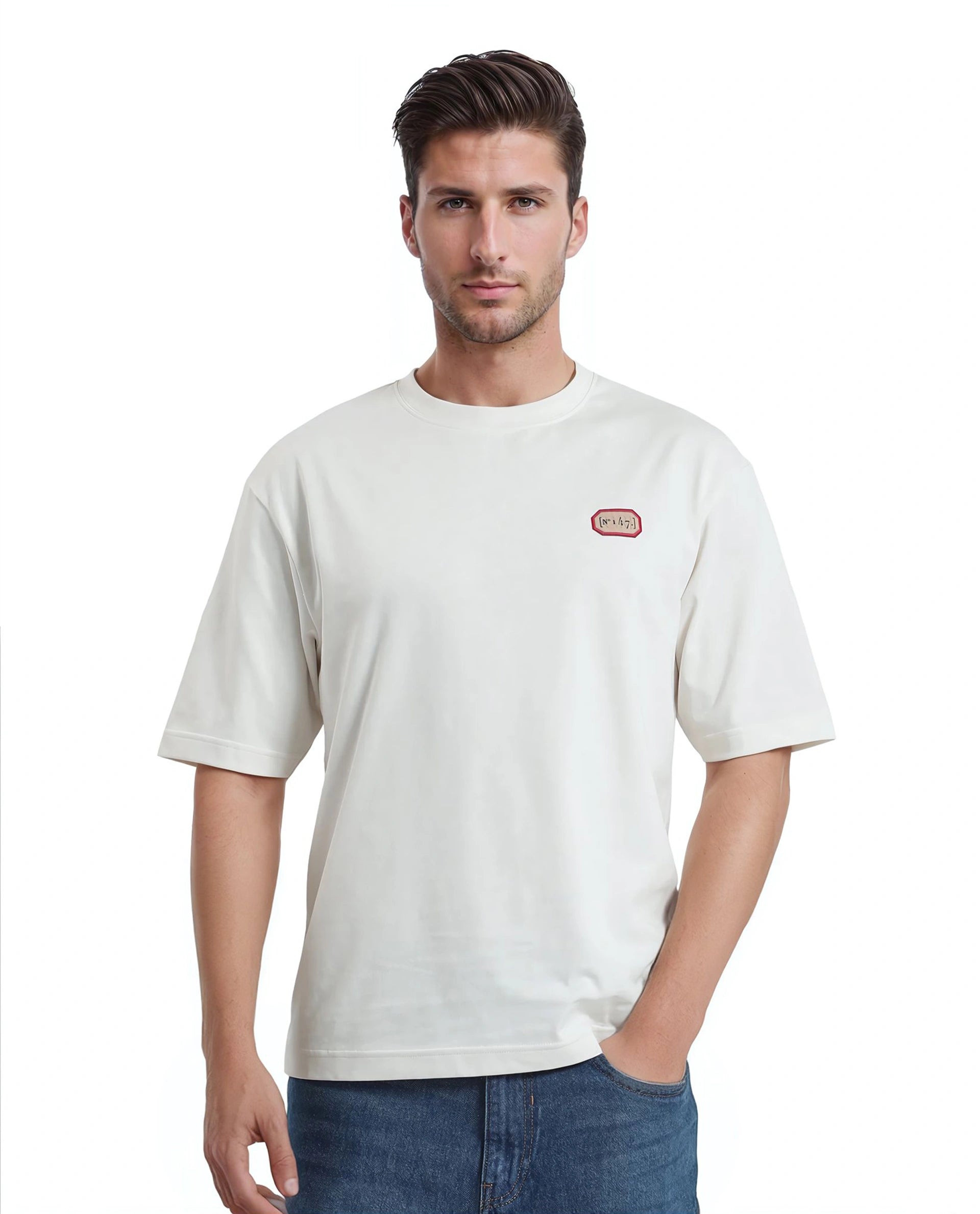 Rare Rabbit Men Hirm Off White Cotton Fabric Short Sleeve Crew Neck Qlo Fit Label Print T-Shirt