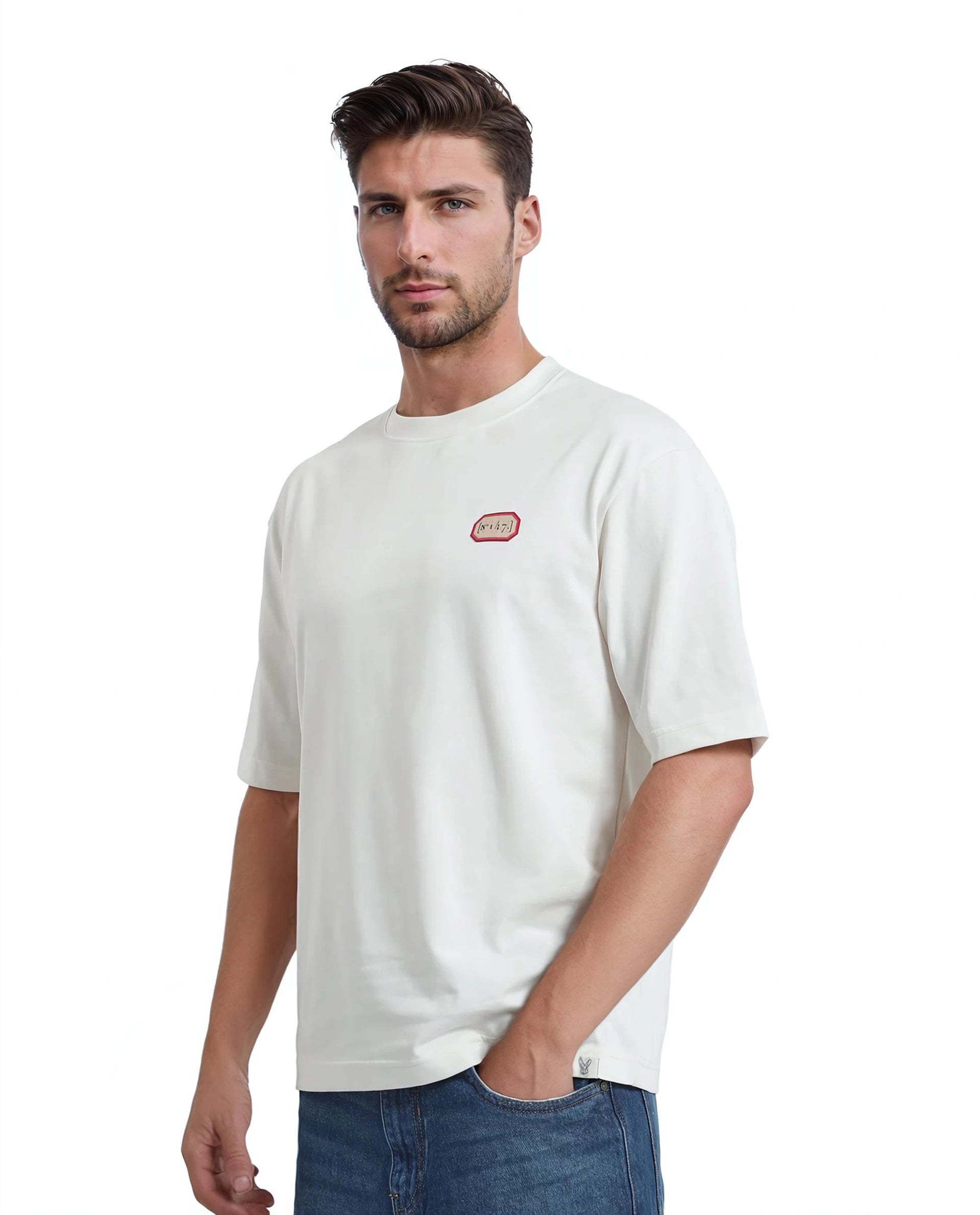 Rare Rabbit Men Hirm Off White Cotton Fabric Short Sleeve Crew Neck Qlo Fit Label Print T-Shirt