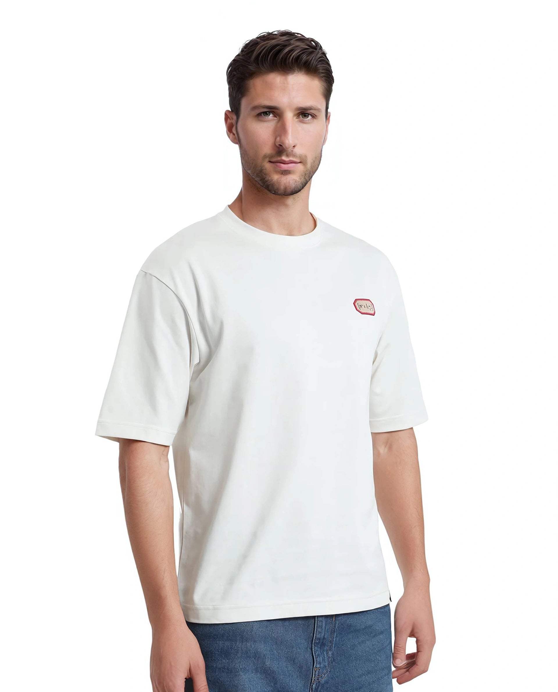 Rare Rabbit Men Hirm Off White Cotton Fabric Short Sleeve Crew Neck Qlo Fit Label Print T-Shirt