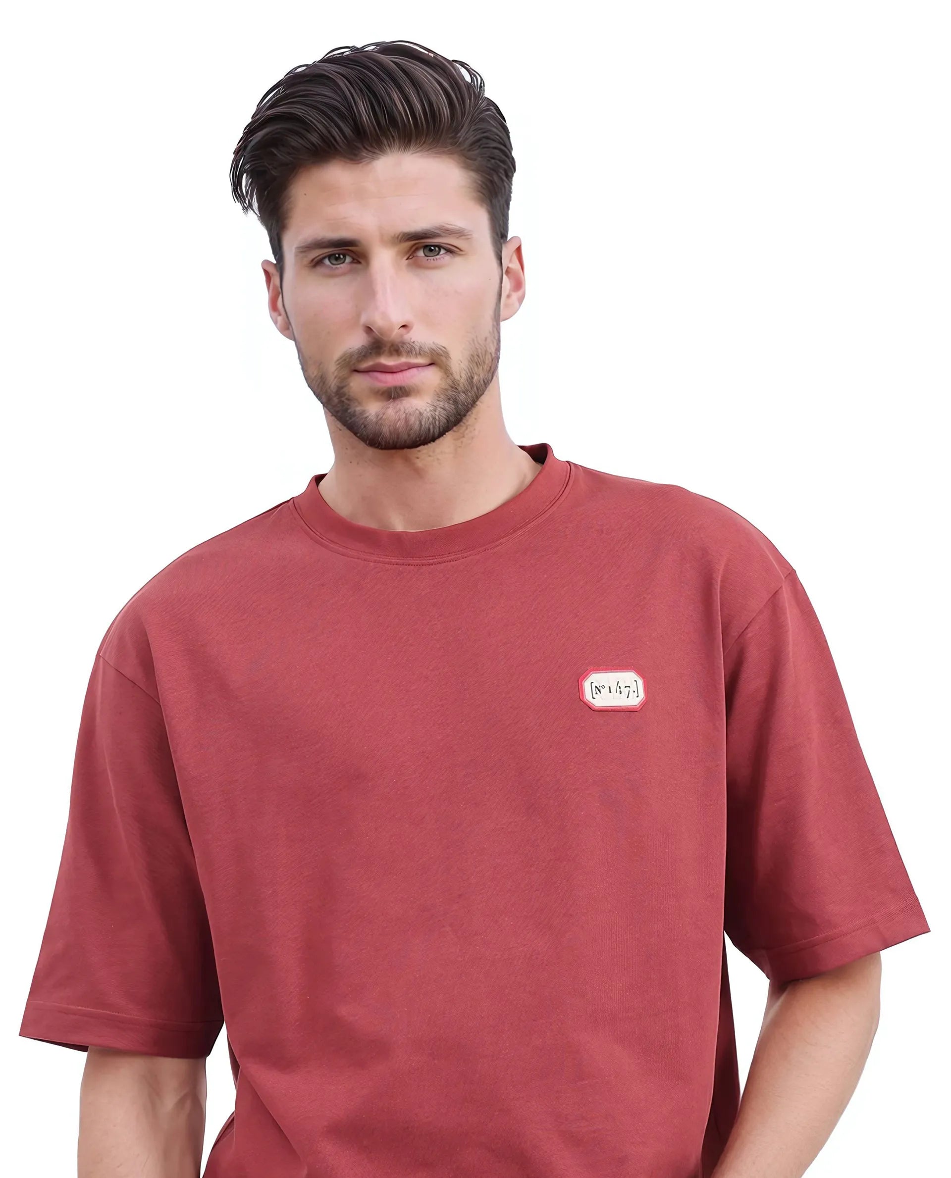 Rare Rabbit Men Hirm Red Cotton Fabric Short Sleeve Crew Neck Qlo Fit Label Print T-Shirt