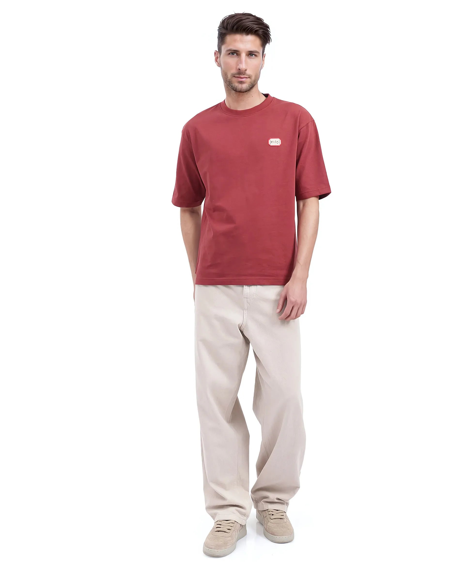 Rare Rabbit Men Hirm Red Cotton Fabric Short Sleeve Crew Neck Qlo Fit Label Print T-Shirt