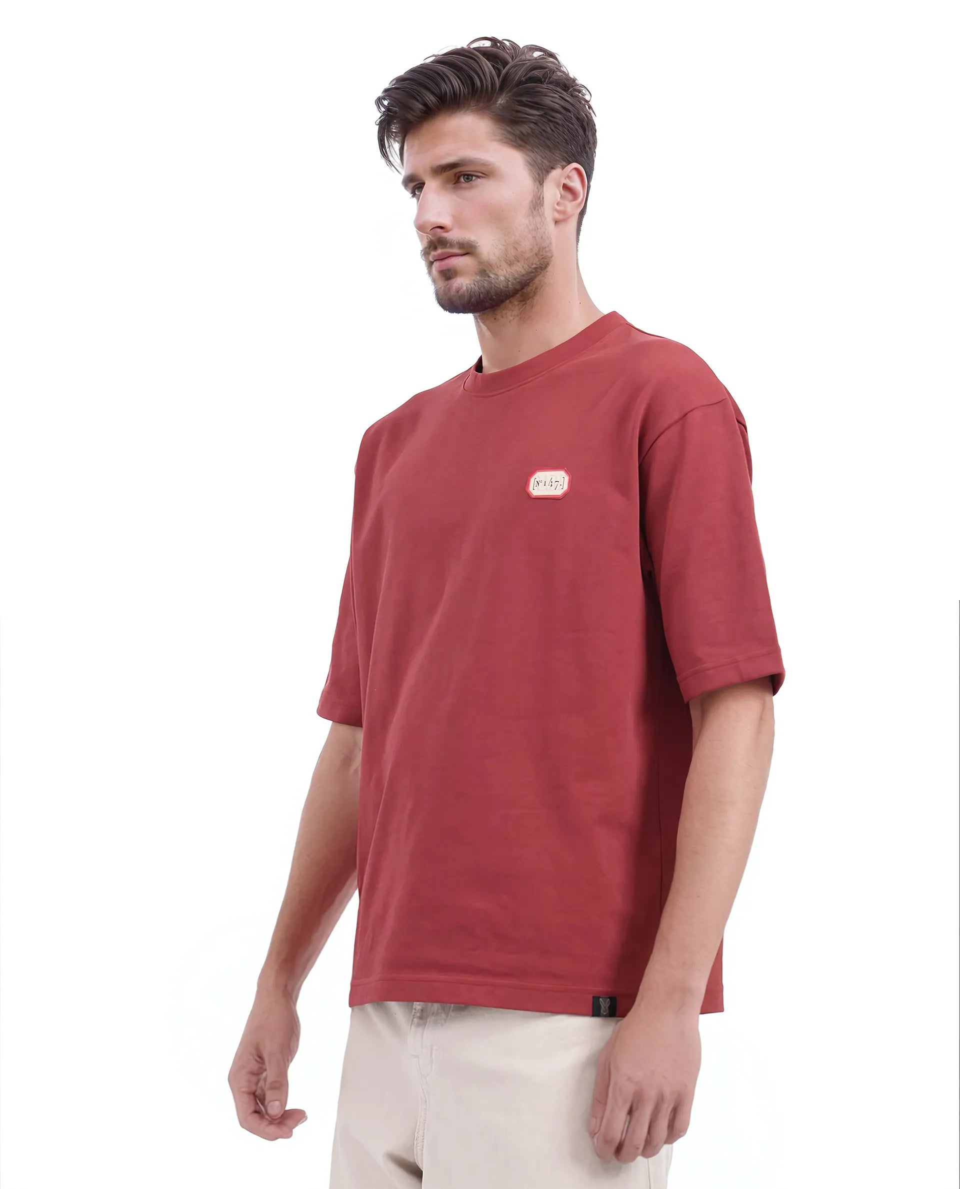 Rare Rabbit Men Hirm Red Cotton Fabric Short Sleeve Crew Neck Qlo Fit Label Print T-Shirt