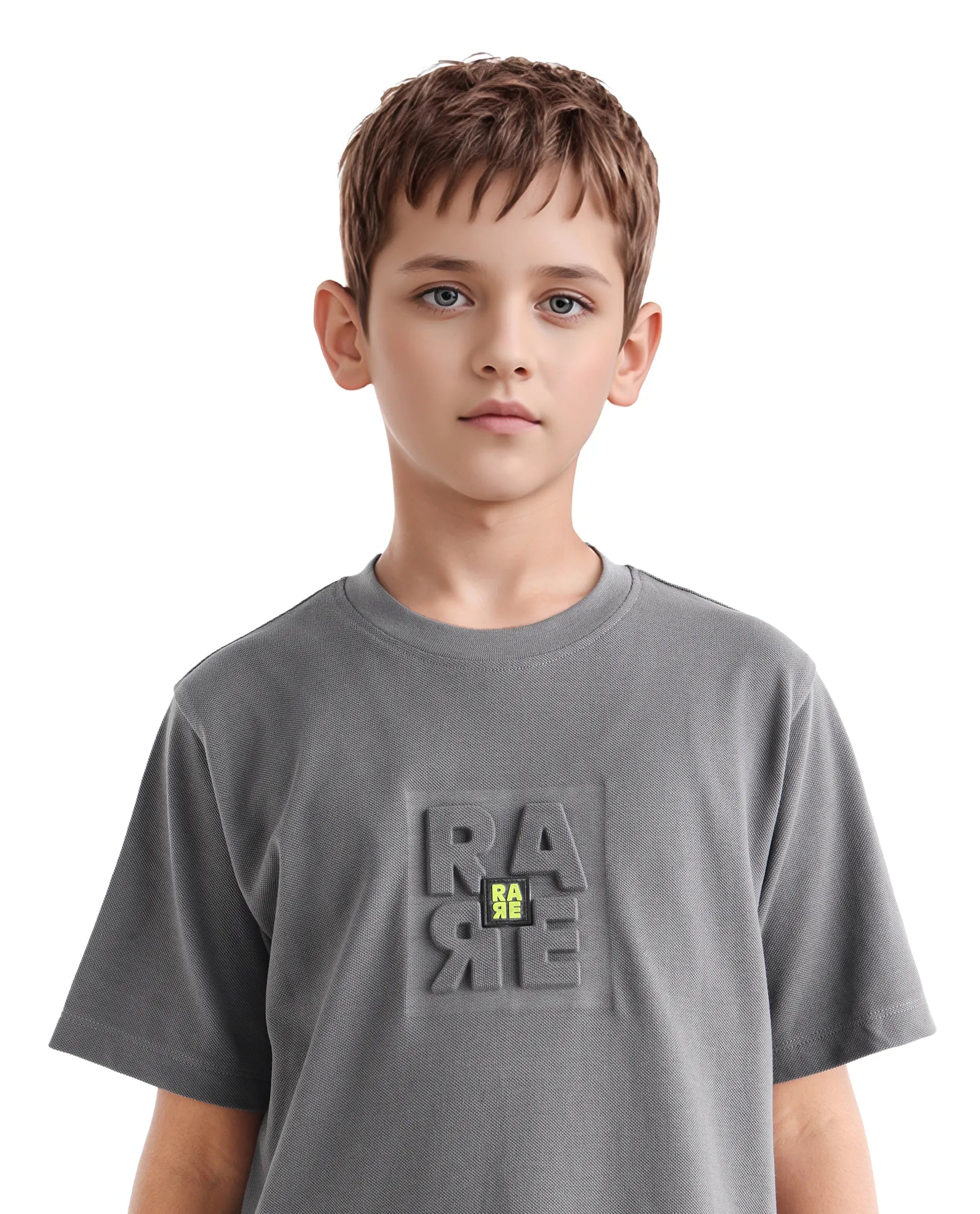 Rare Ones Kids Hiro Dark Grey Cotton Embossed Regular Fit T-Shirt