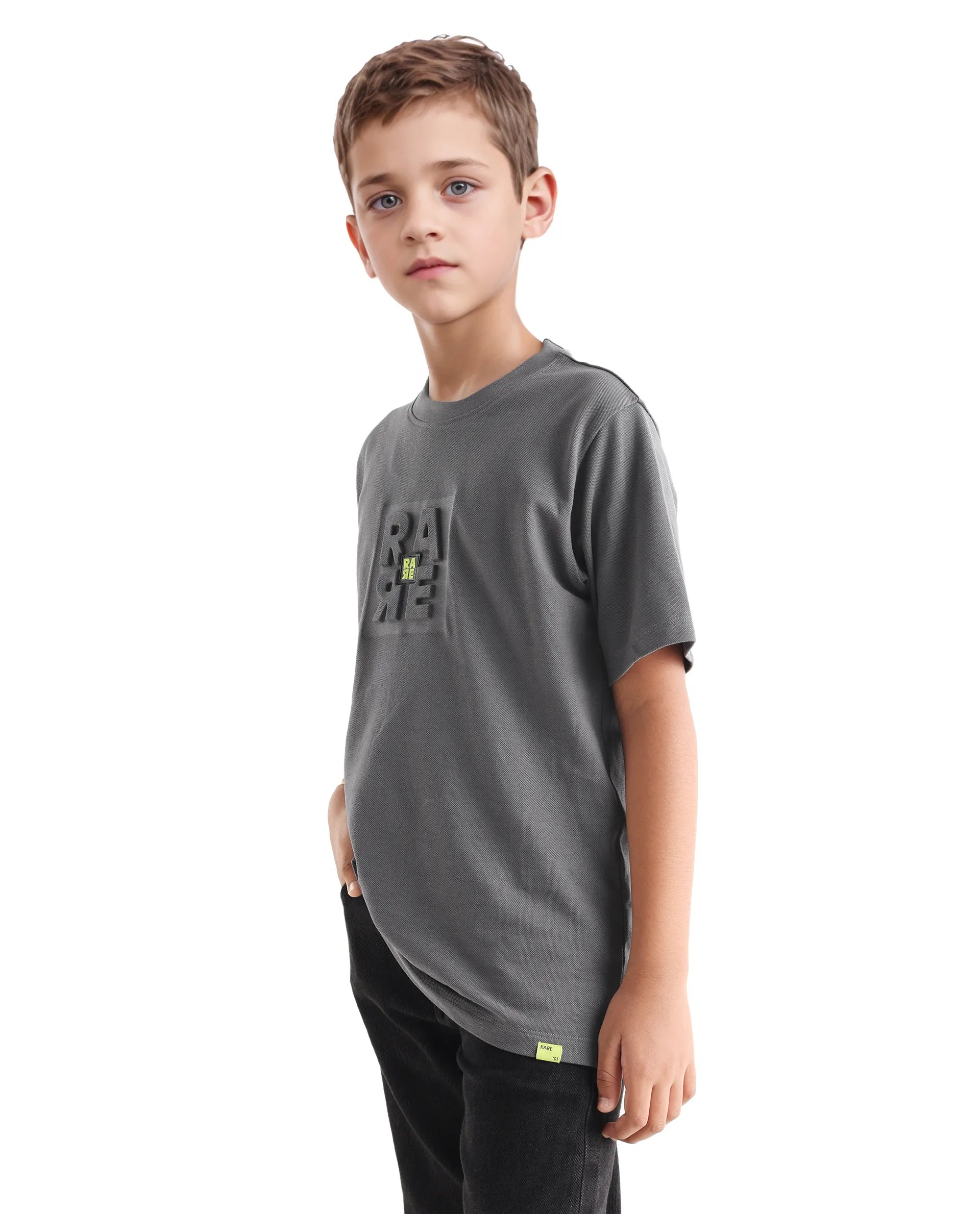 Rare Ones Kids Hiro Dark Grey Cotton Embossed Regular Fit T-Shirt