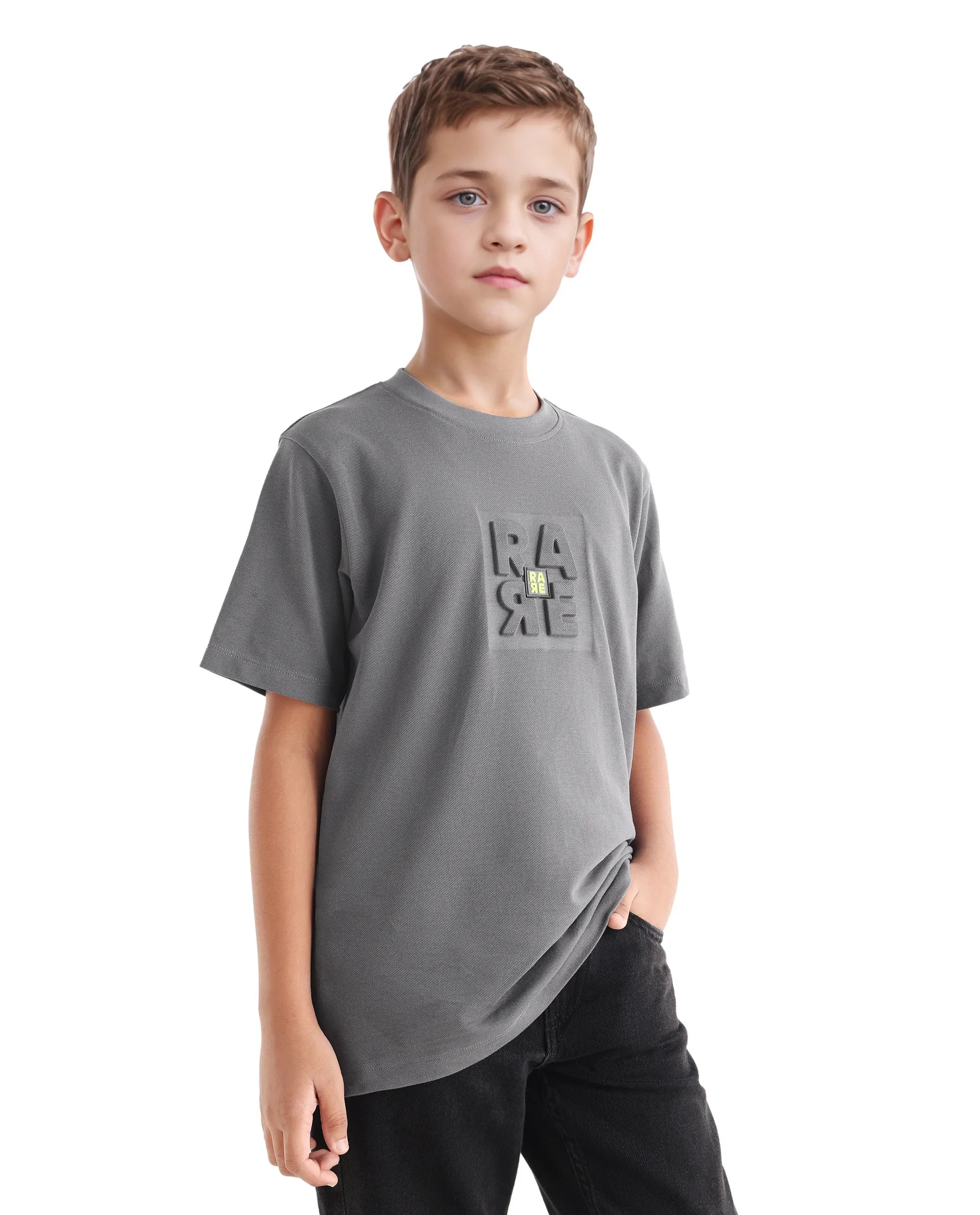 Rare Ones Kids Hiro Dark Grey Cotton Embossed Regular Fit T-Shirt