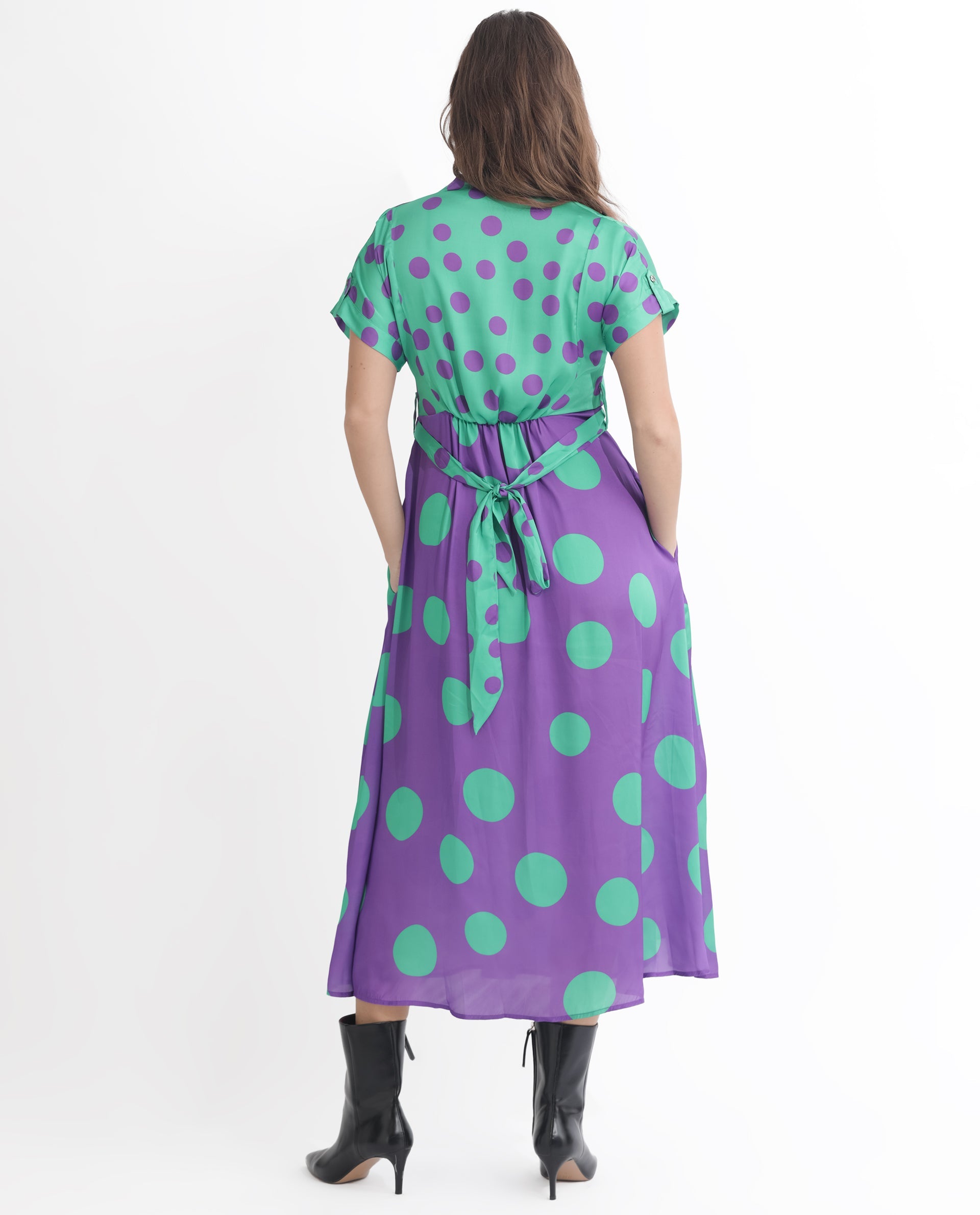 Rareism Women Hirten Purple Polyester Fabric Short Sleeves V-Neck Extended Sleeve Regular Fit Polka Maxi A-Line Dress