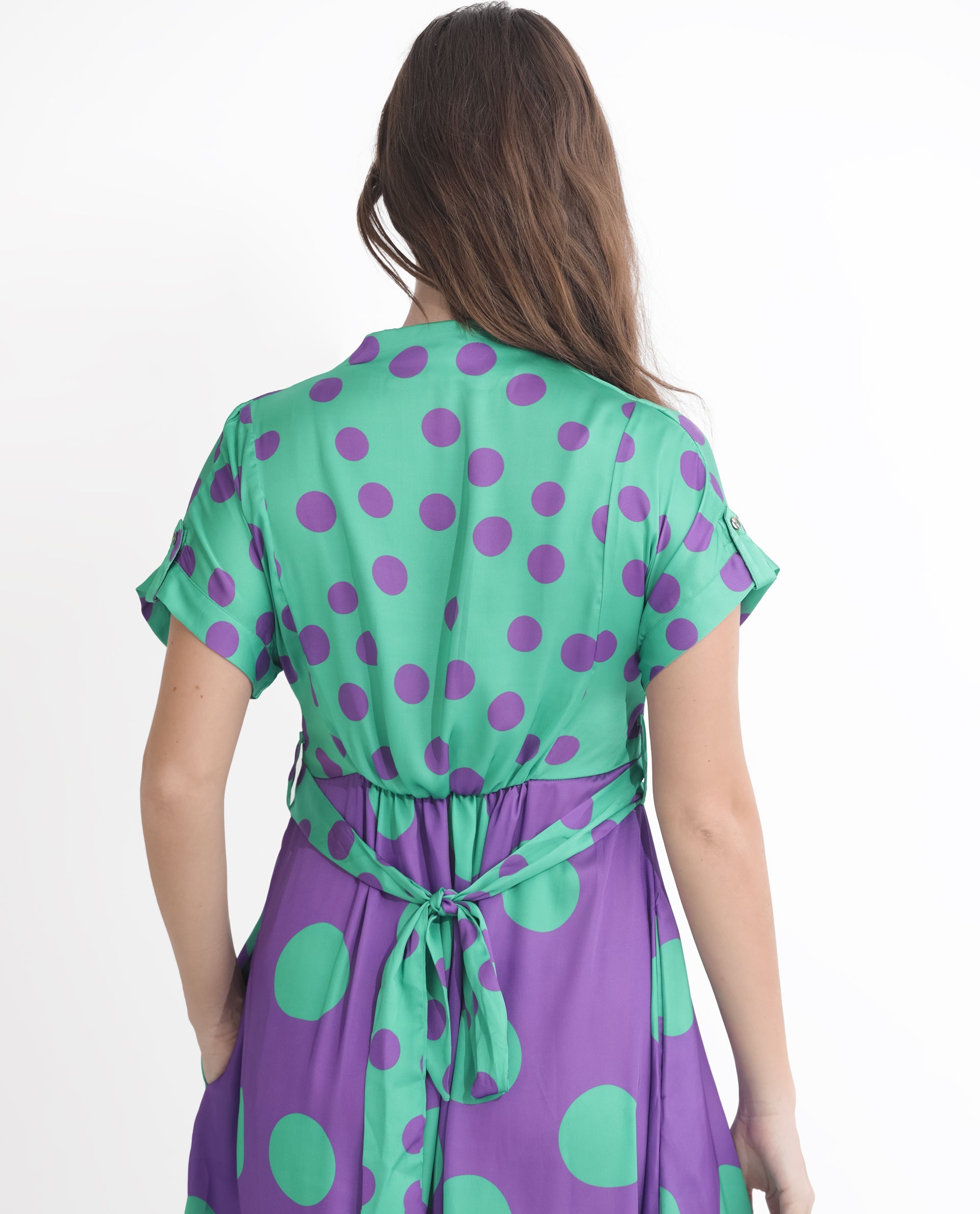 Rareism Women Hirten Purple Polyester Fabric Short Sleeves V-Neck Extended Sleeve Regular Fit Polka Maxi A-Line Dress