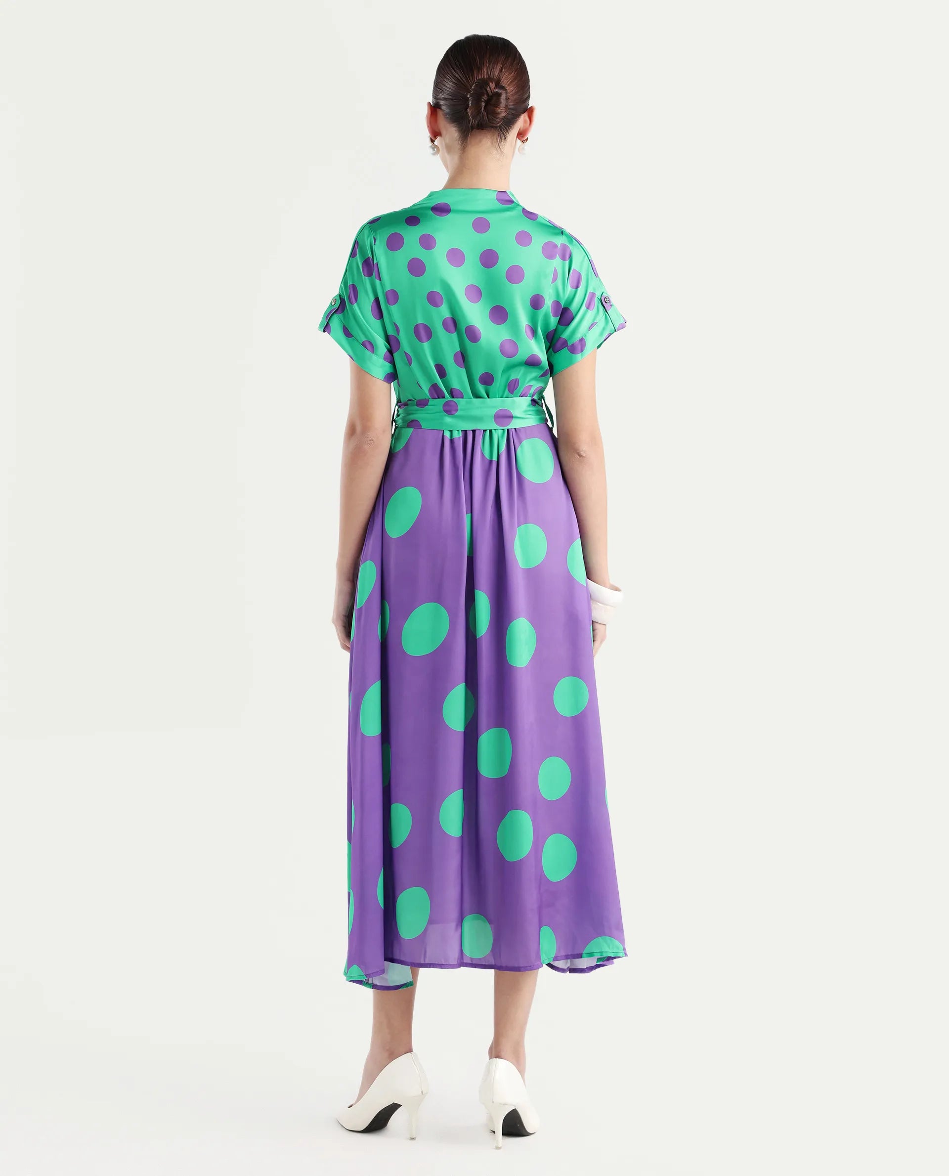 Rareism Women's Hirten Purple Polyester V-Neck Polka Print Extended Sleeves Maxi Regular Fit Dress