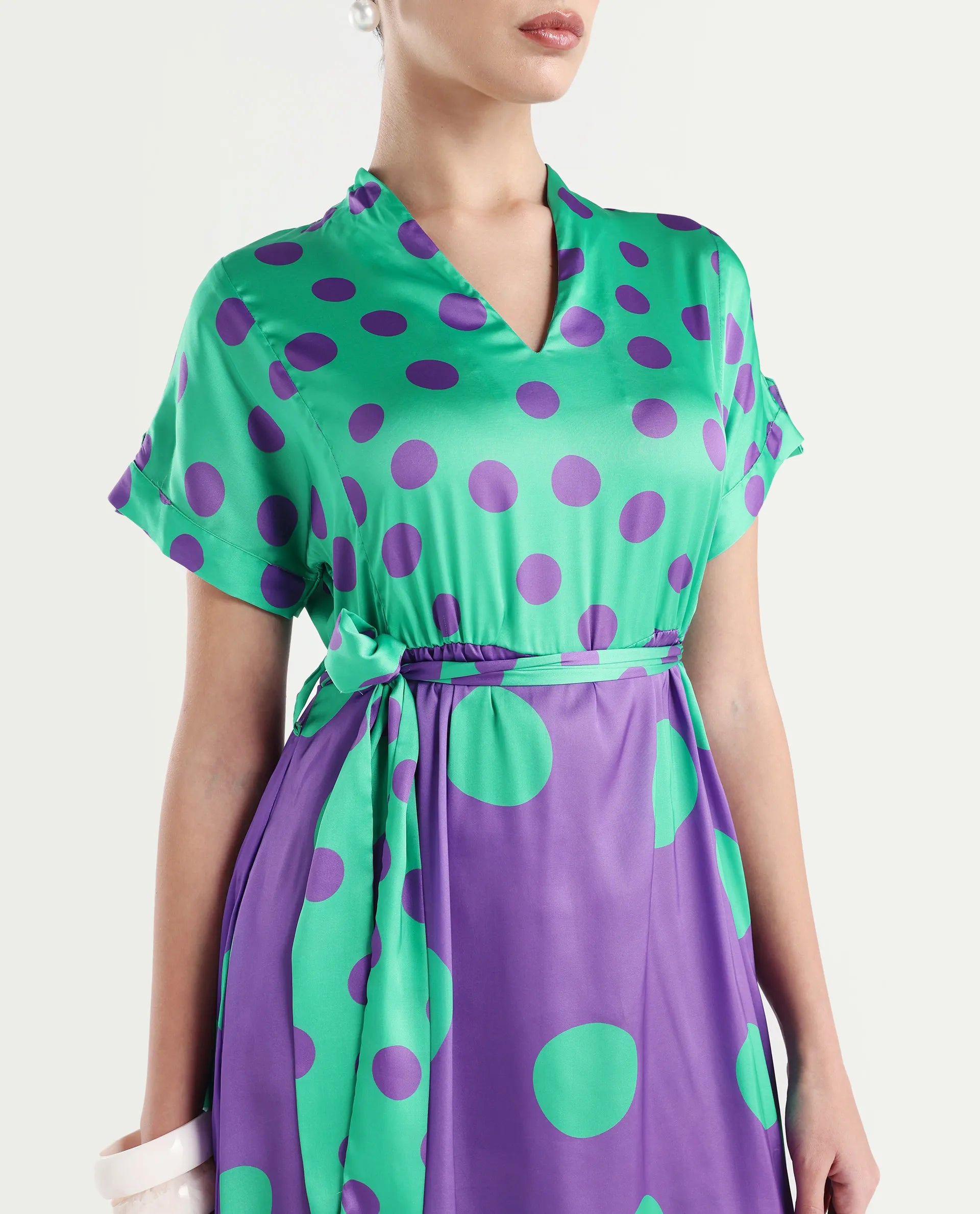 Rareism Women's Hirten Purple Polyester V-Neck Polka Print Extended Sleeves Maxi Regular Fit Dress