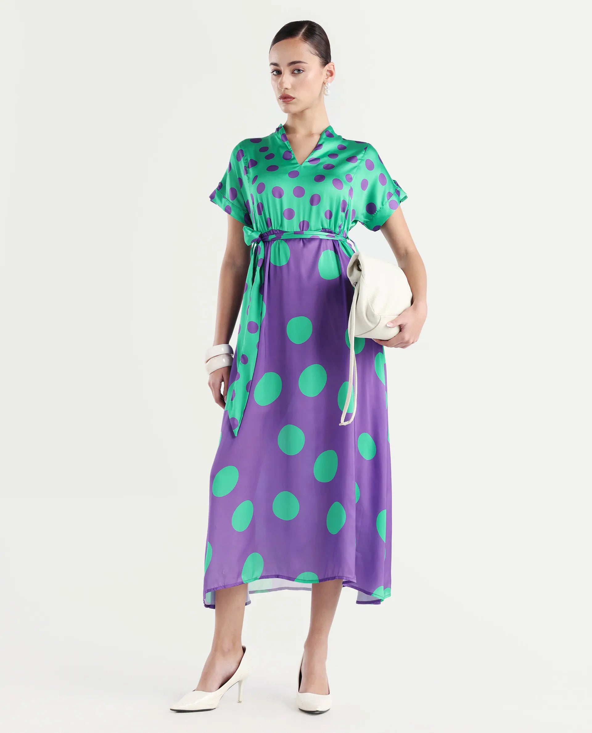 Rareism Women's Hirten Purple Polyester V-Neck Polka Print Extended Sleeves Maxi Regular Fit Dress