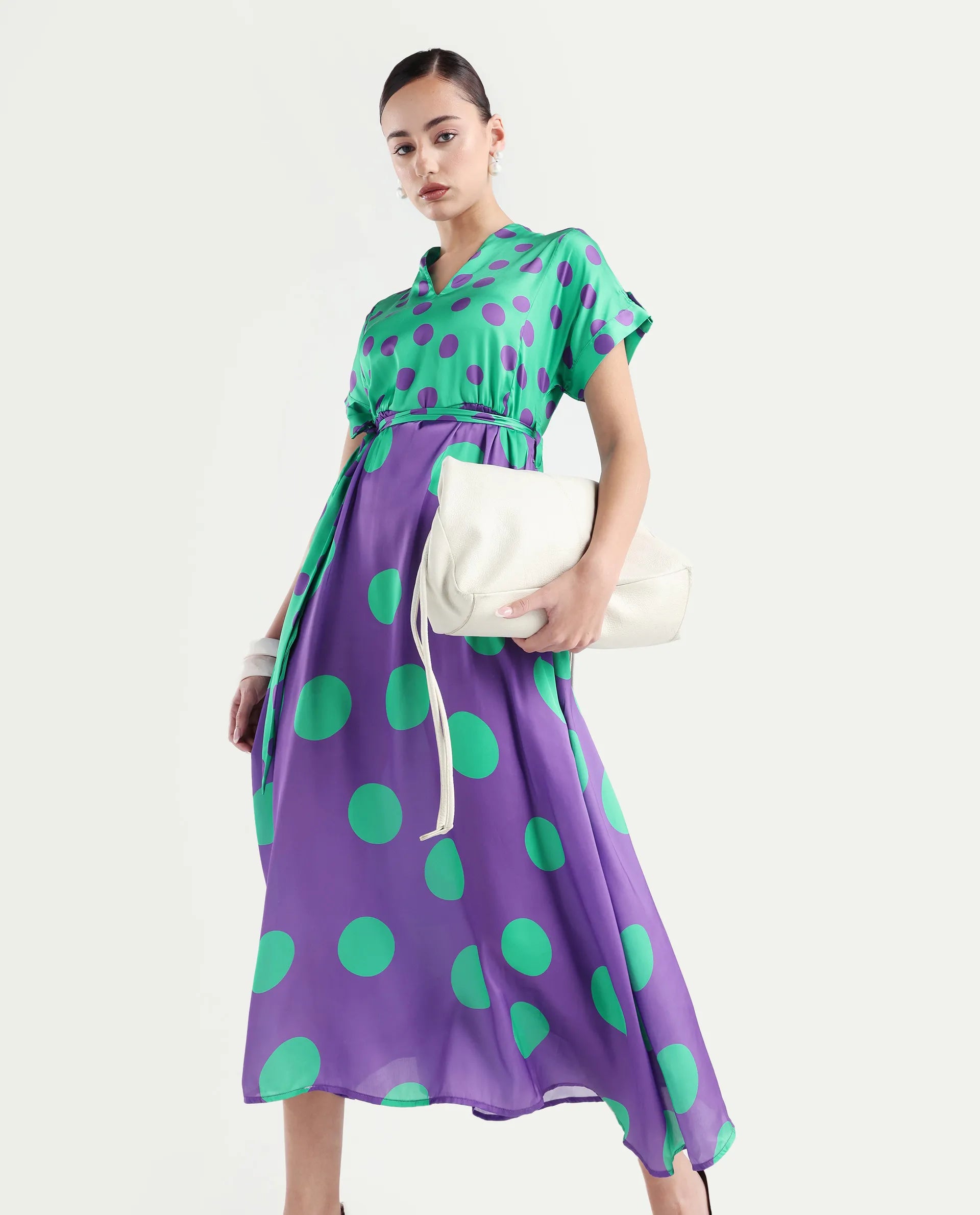 Rareism Women's Hirten Purple Polyester V-Neck Polka Print Extended Sleeves Maxi Regular Fit Dress