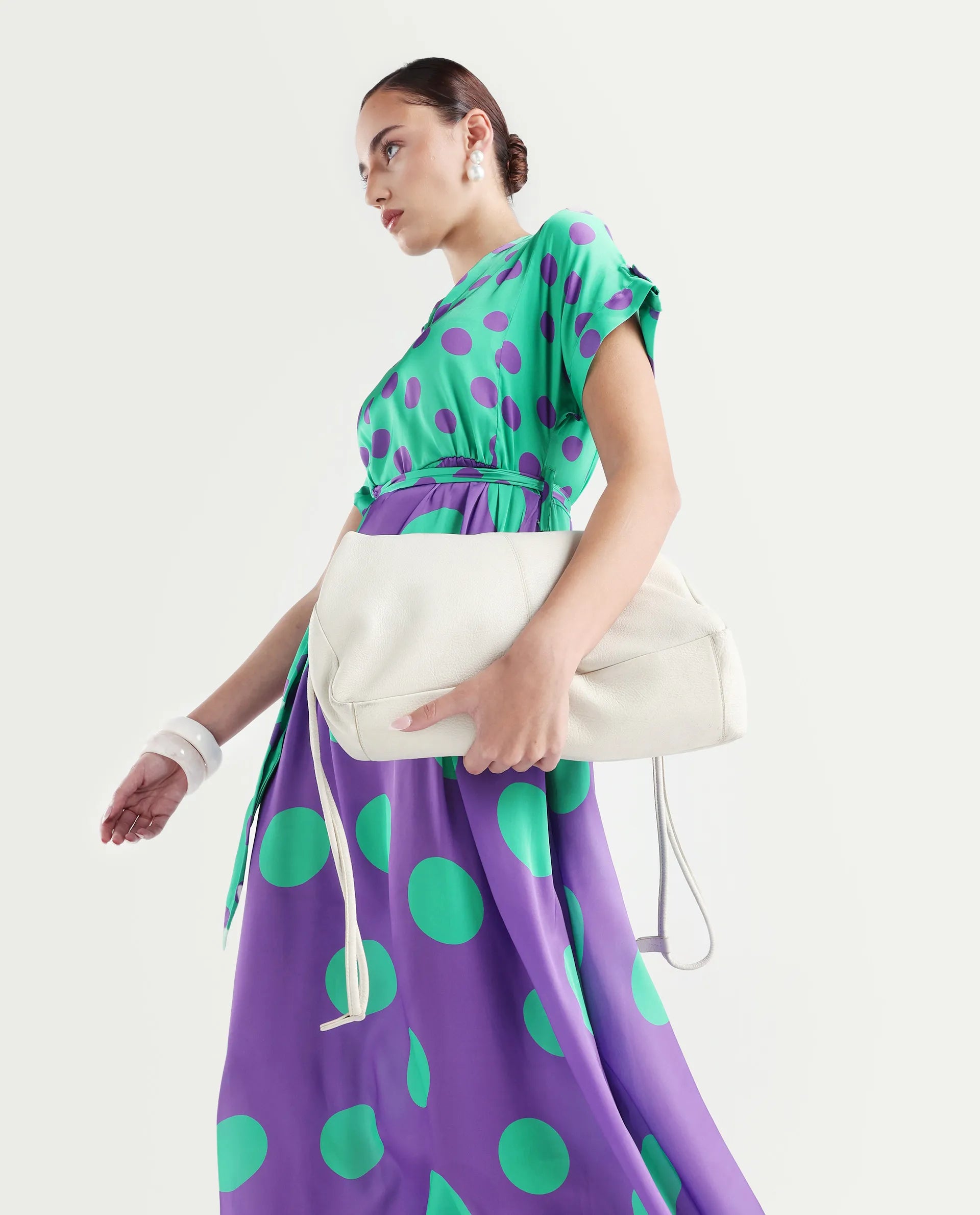 Rareism Women's Hirten Purple Polyester V-Neck Polka Print Extended Sleeves Maxi Regular Fit Dress