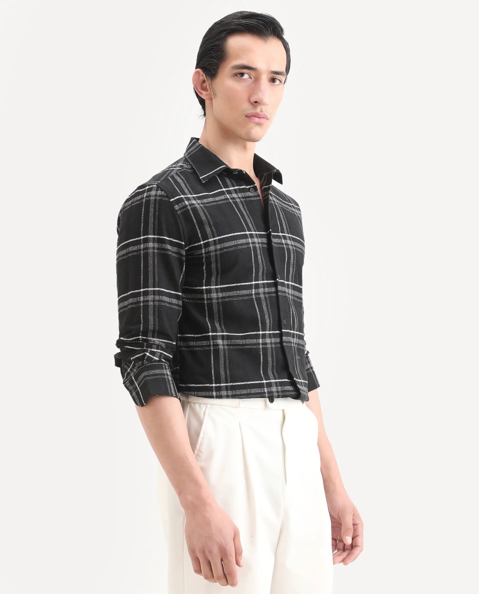 Rare Rabbit Men's Hitra Black Cotton Blend Fabric Full Sleeve Spread Collar Regular Fit Checks Shirt