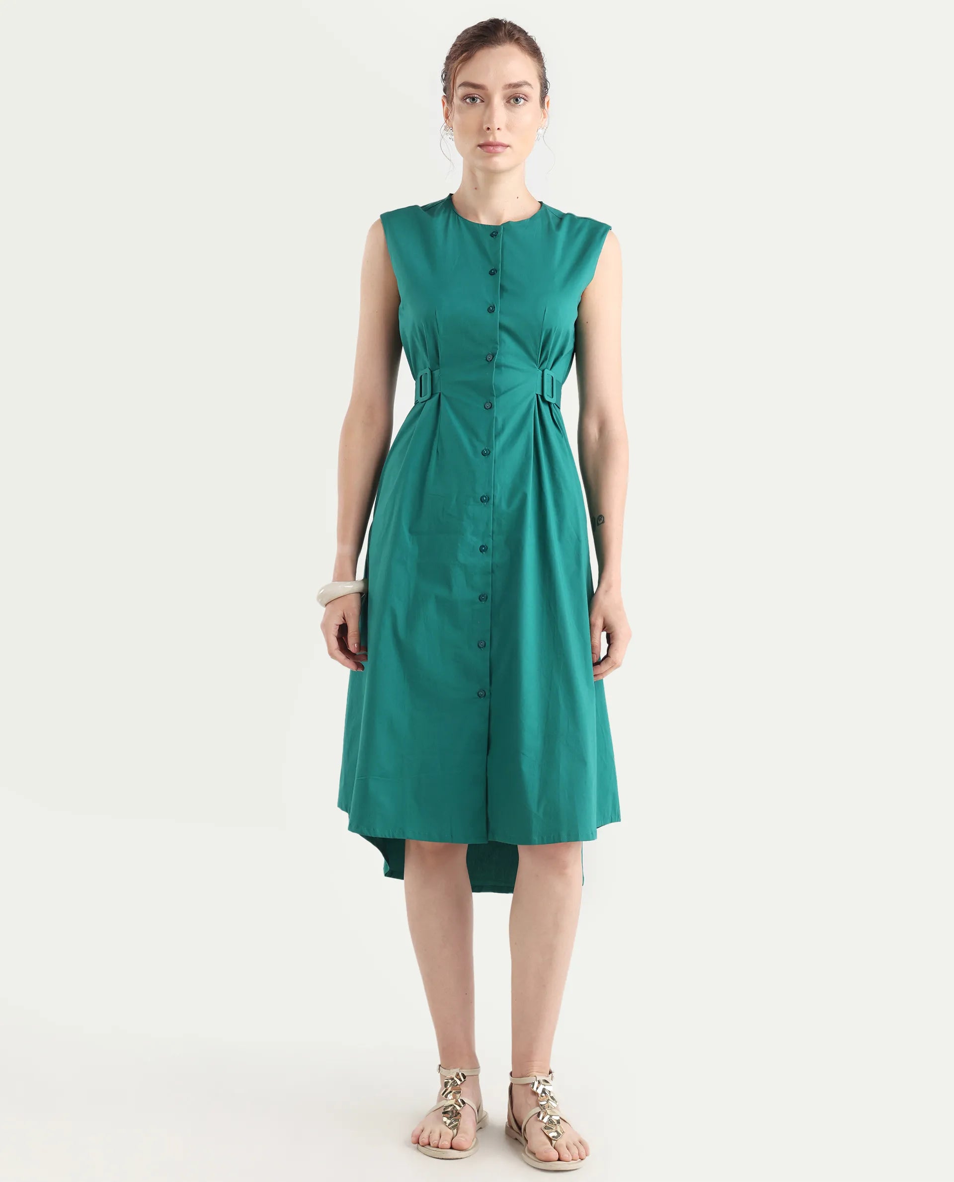 Rareism Women's Hiyfc Green Cotton Blend Crew Neck Plain Sleeveless Knee Length A-Line Dress