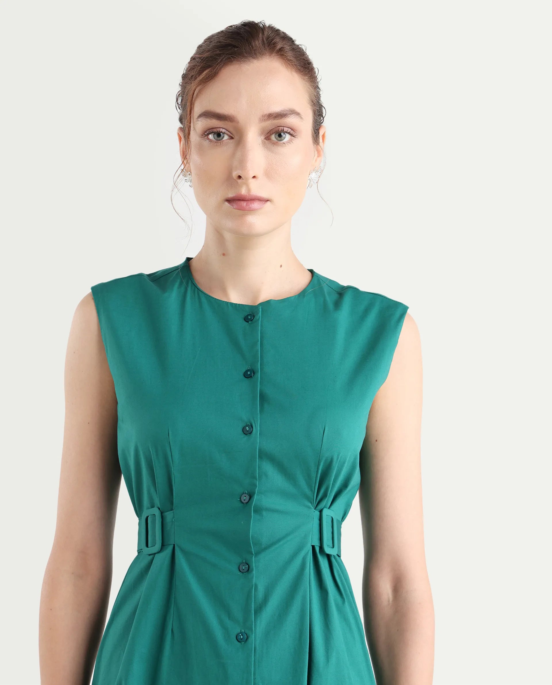 Rareism Women's Hiyfc Green Cotton Blend Crew Neck Plain Sleeveless Knee Length A-Line Dress