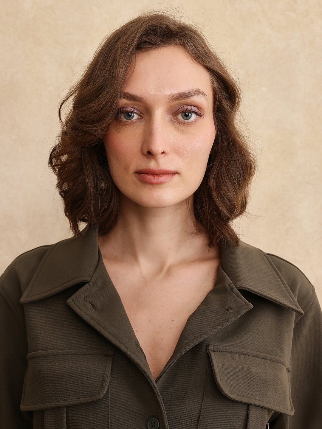 Rareism Women Hobart Olive Cuffed Sleeve Collared Neck Button Closure Cropped Plain Jacket