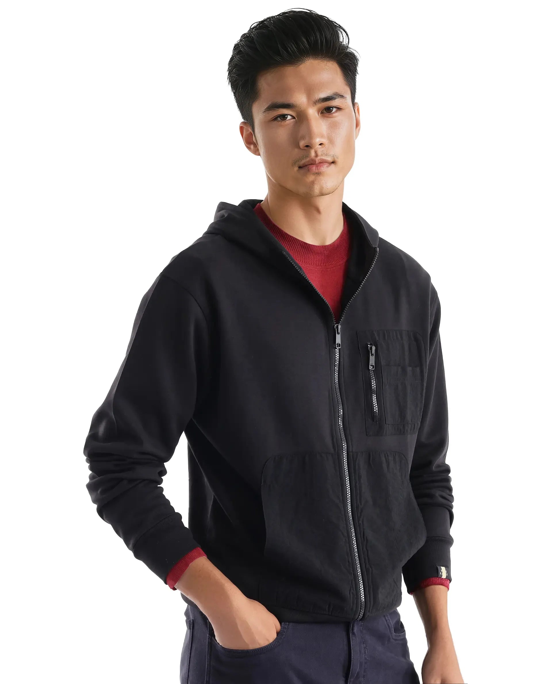 Rare Rabbit Men Hobbs Black Cotton Poly Fabric Full Sleeve Regular Fit Hooded Solid Sweatshirt