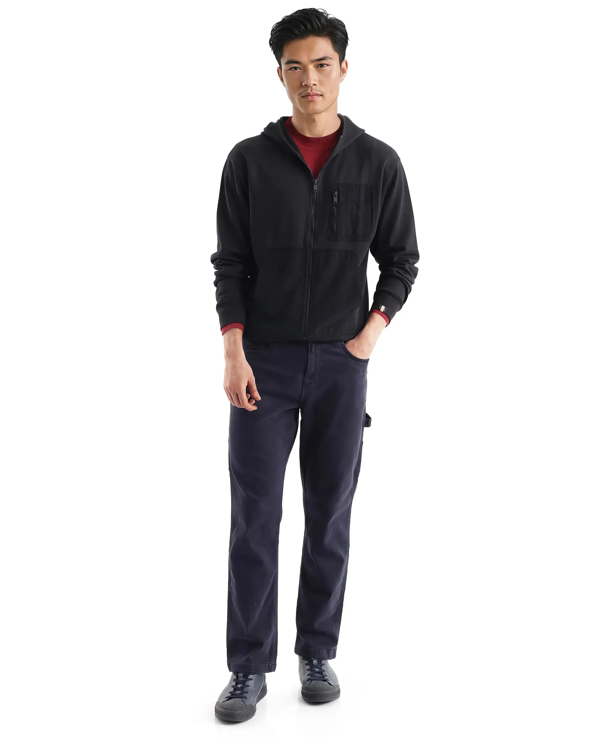 Rare Rabbit Men Hobbs Black Cotton Poly Fabric Full Sleeve Regular Fit Hooded Solid Sweatshirt