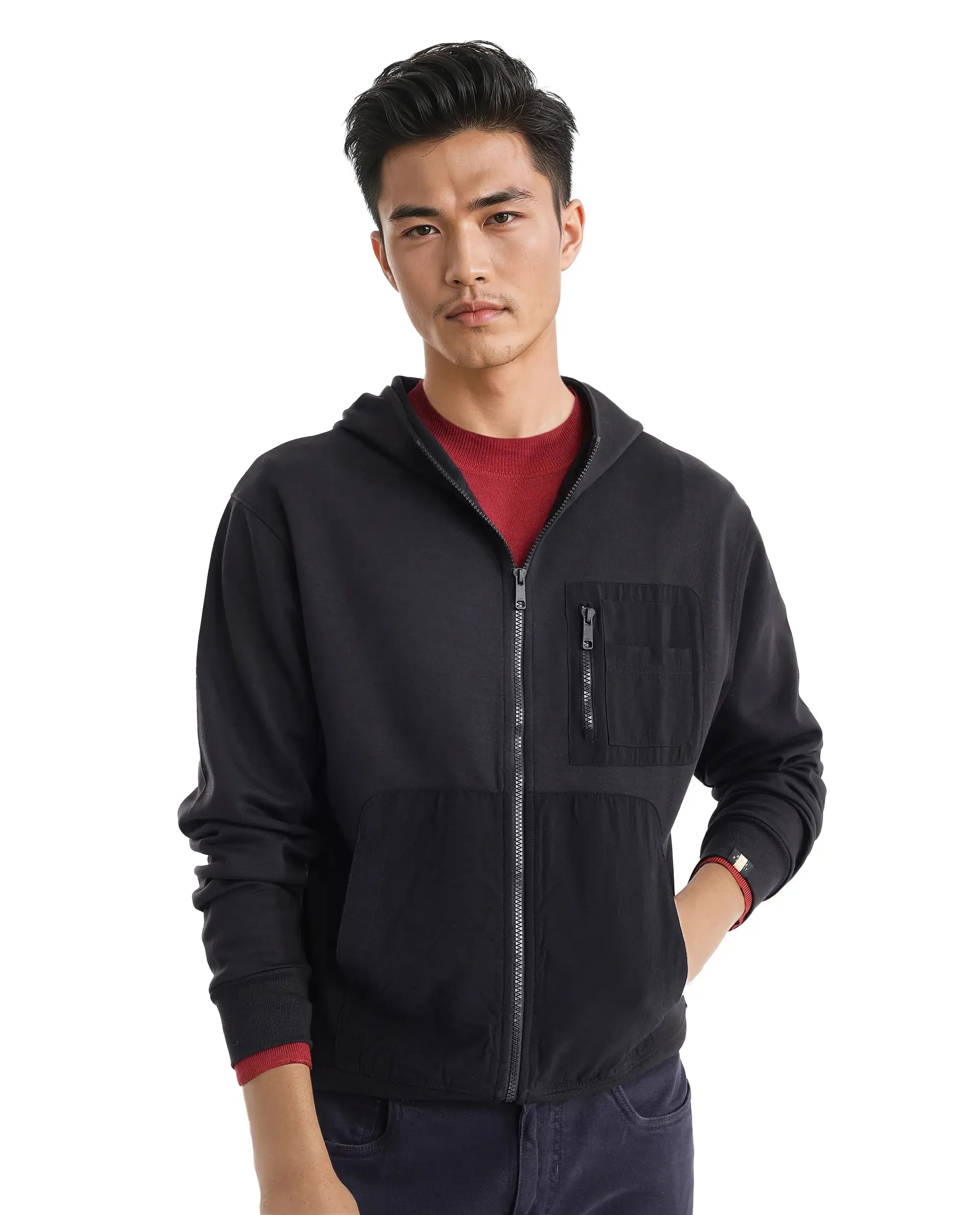 Rare Rabbit Men Hobbs Black Cotton Poly Fabric Full Sleeve Regular Fit Hooded Solid Sweatshirt