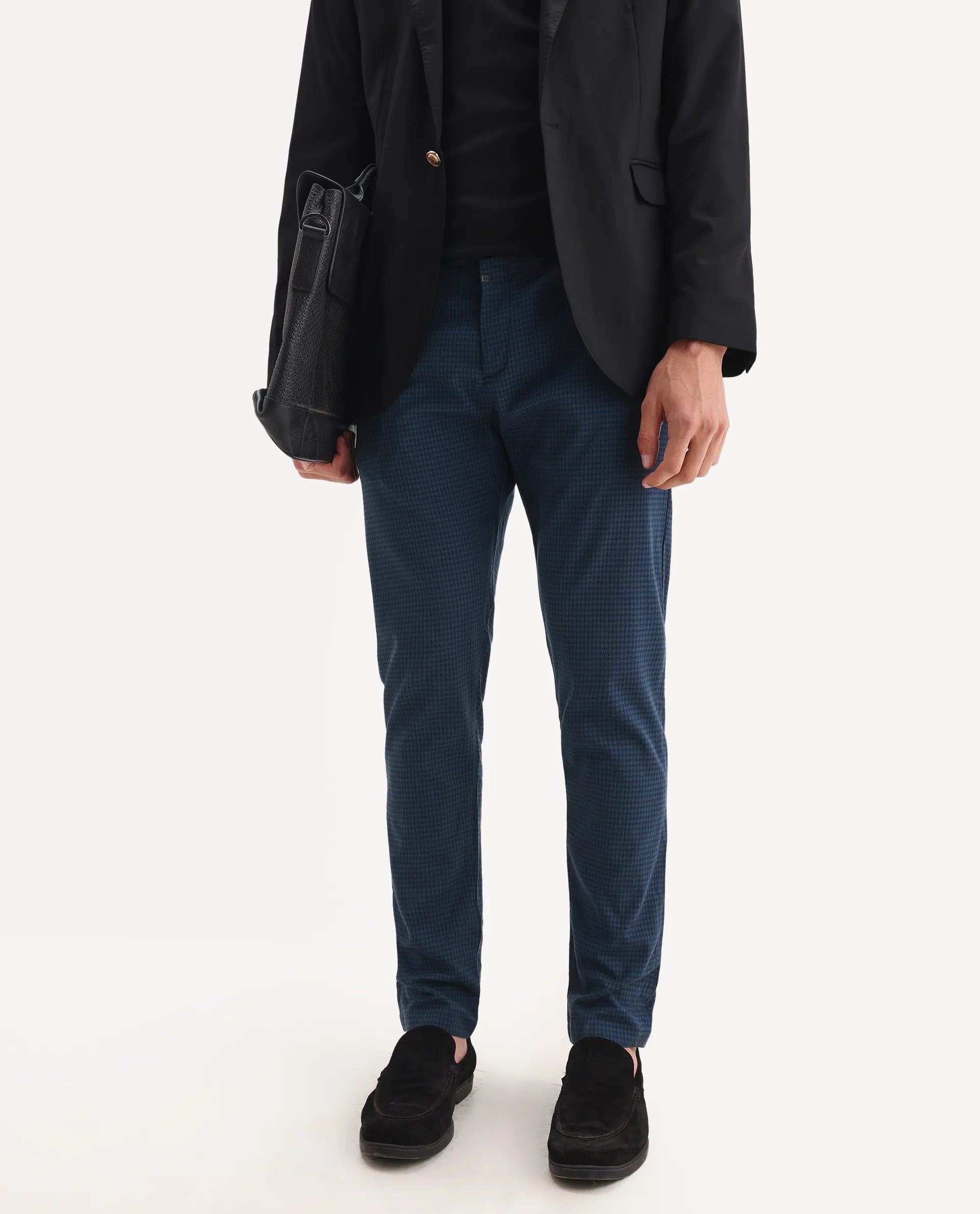 Rare Rabbit Men's Hobbs Petrol Cotton Checked Print Regular Fit Trouser