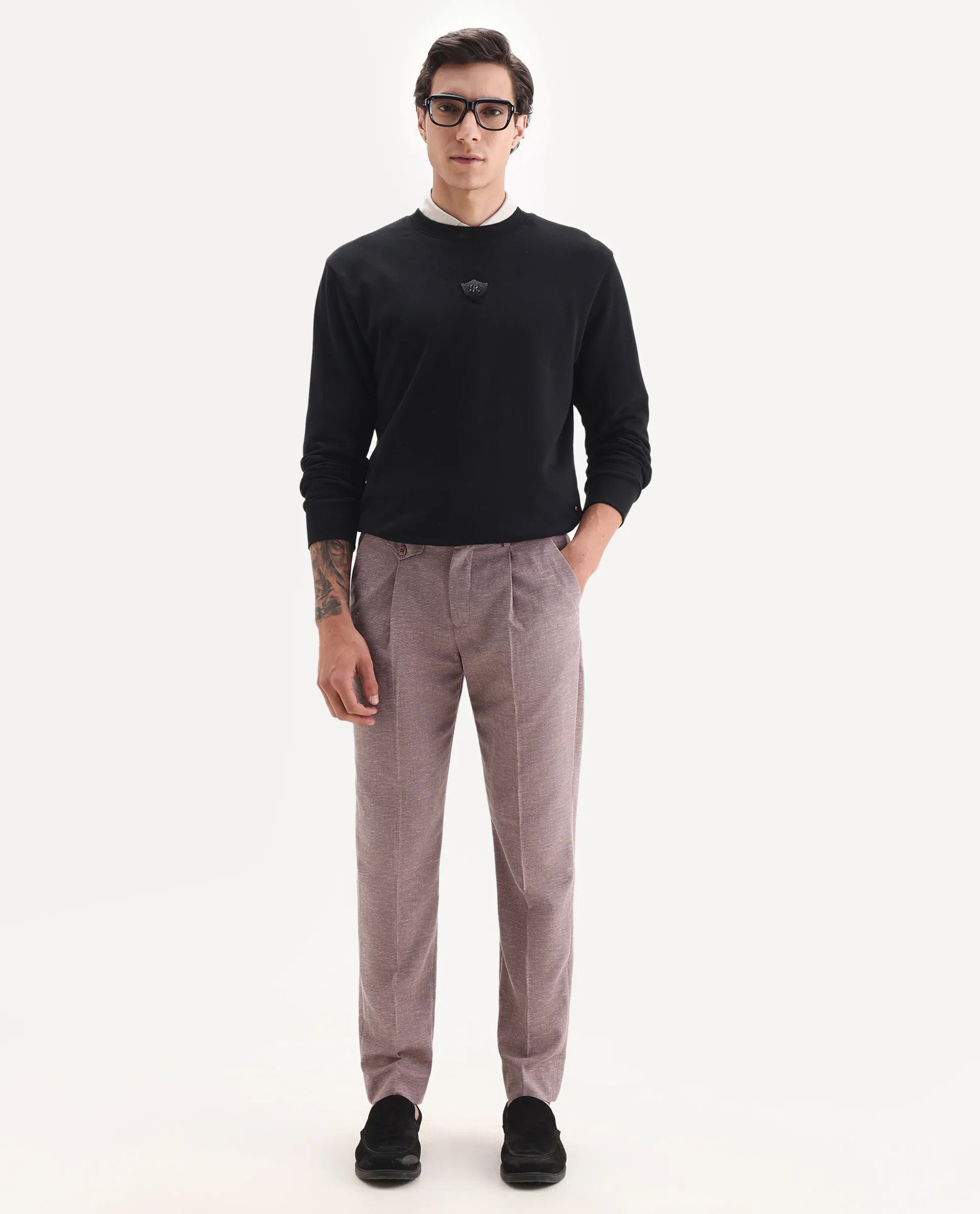 Rare Rabbit Men's Hobbs Dark Purple Cotton Checked Print Regular Fit Trouser