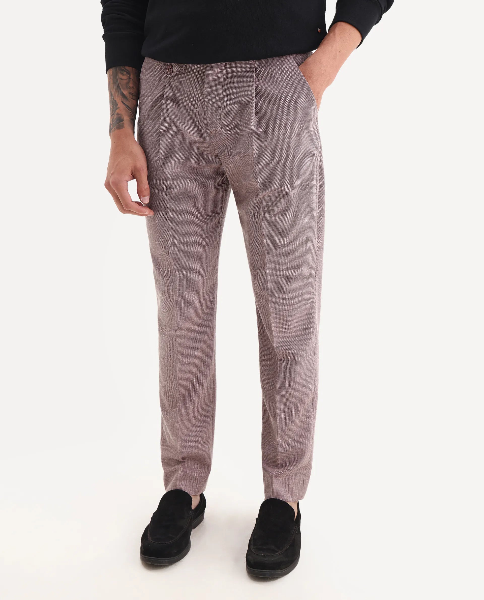 Rare Rabbit Men's Hobbs Dark Purple Cotton Checked Print Regular Fit Trouser