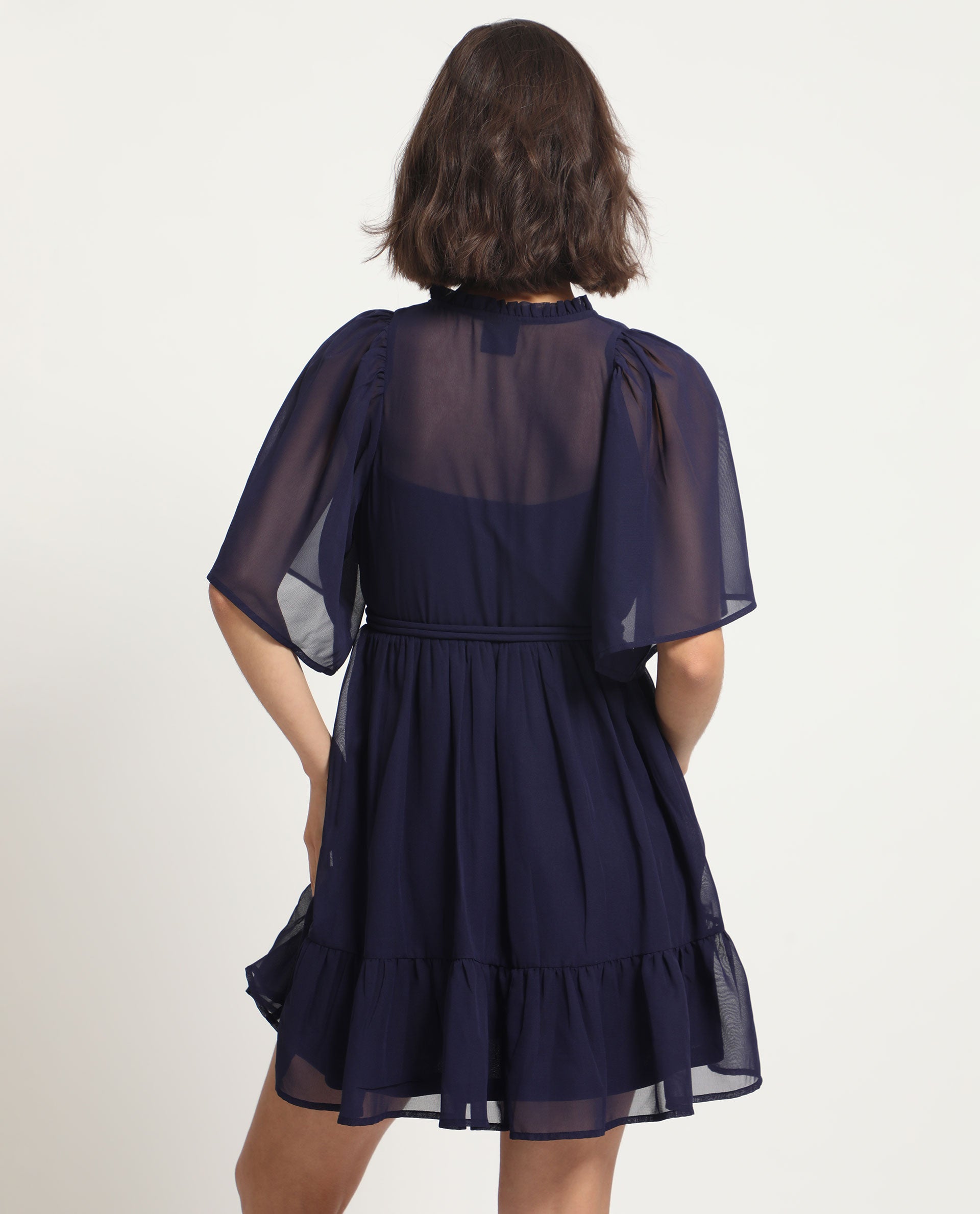 Rareism Women's Hocker Navy Polyester Fabric V-Neck Slip-On Closure Flutter Sleeve Plain Mini Dress