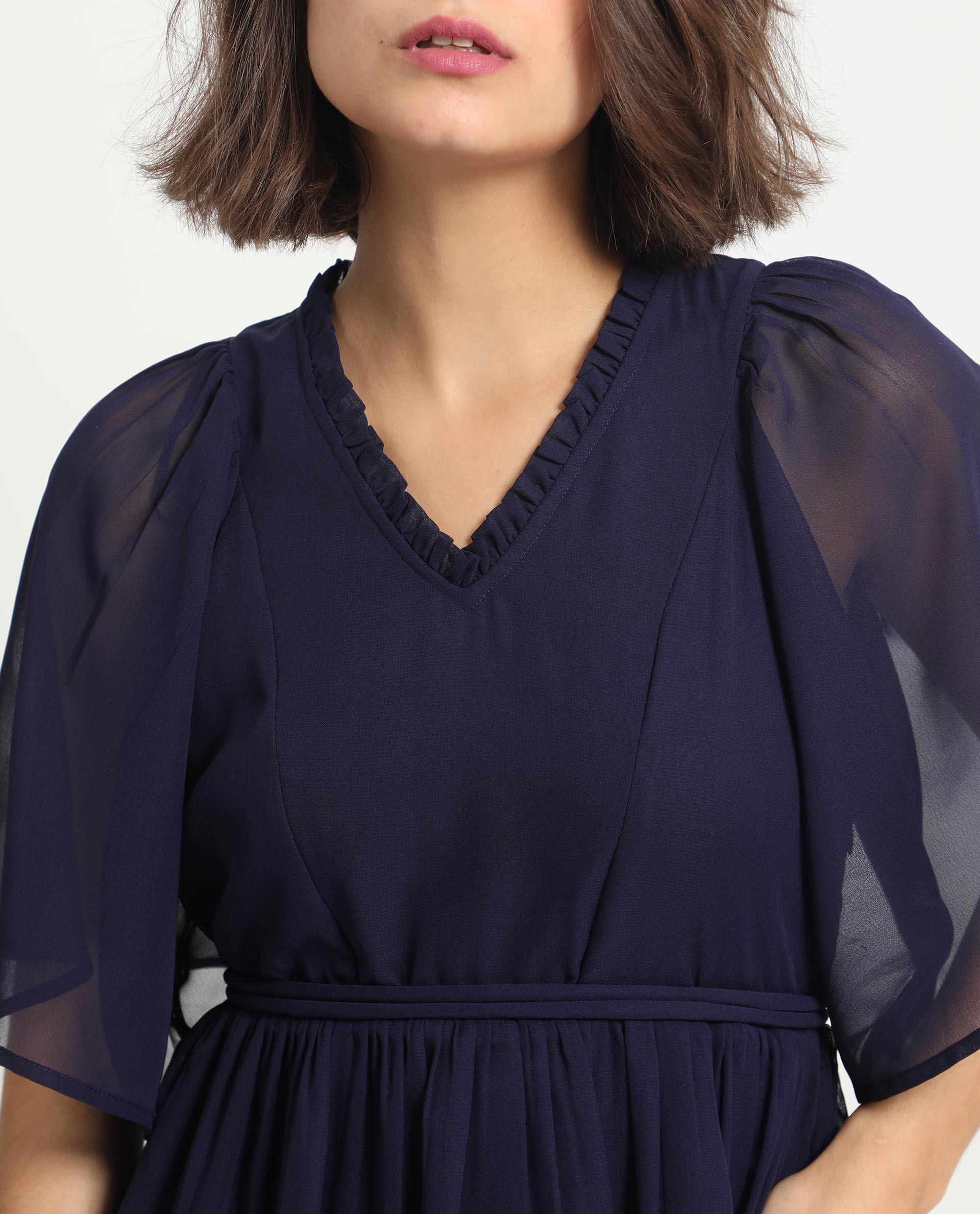 Rareism Women's Hocker Navy Polyester Fabric V-Neck Slip-On Closure Flutter Sleeve Plain Mini Dress