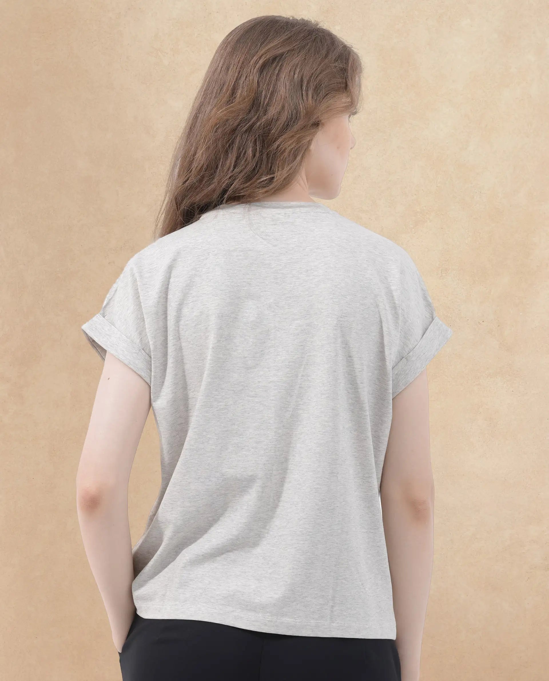 Rareism Women's Hoet Melange Grey Cotton Blend Crew Neck Graphic Print Short Sleeves Regular Fit T-Shirt