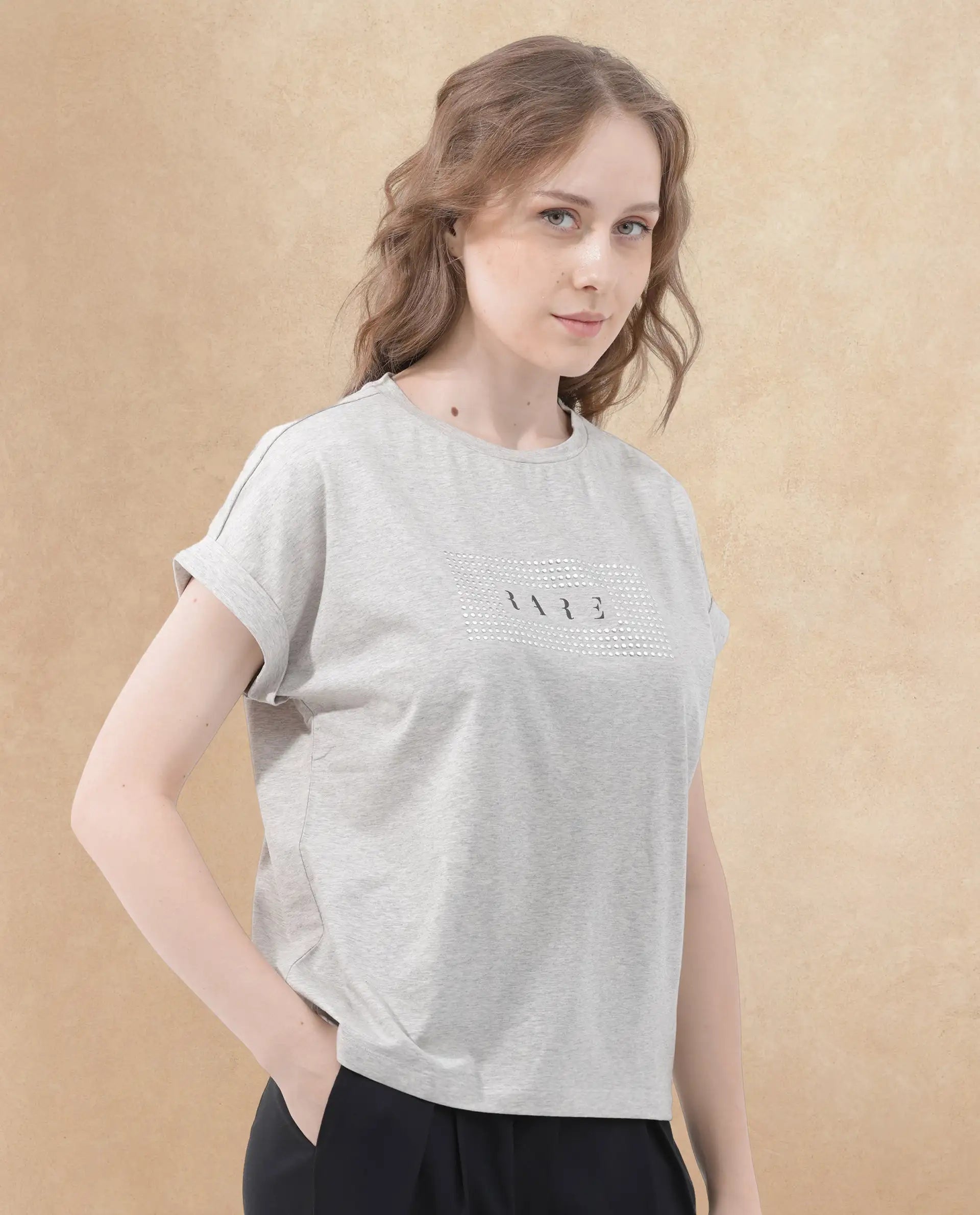 Rareism Women's Hoet Melange Grey Cotton Blend Crew Neck Graphic Print Short Sleeves Regular Fit T-Shirt