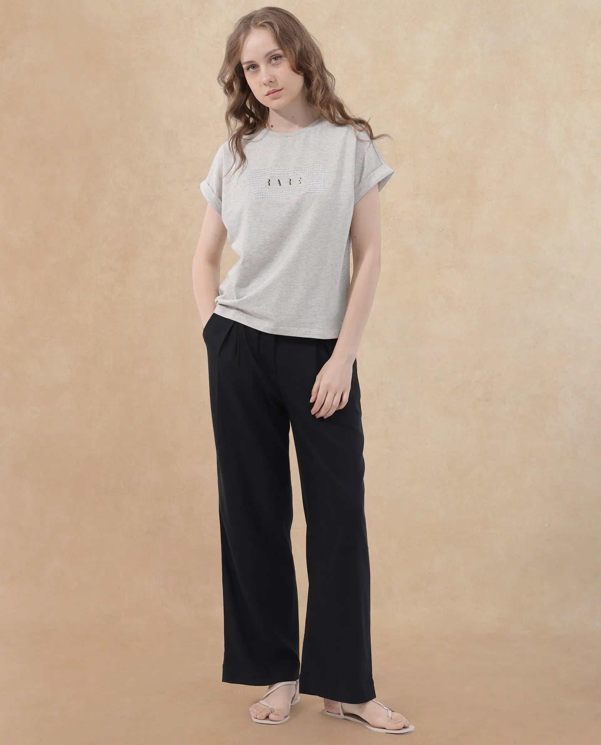 Rareism Women's Hoet Melange Grey Cotton Blend Crew Neck Graphic Print Short Sleeves Regular Fit T-Shirt