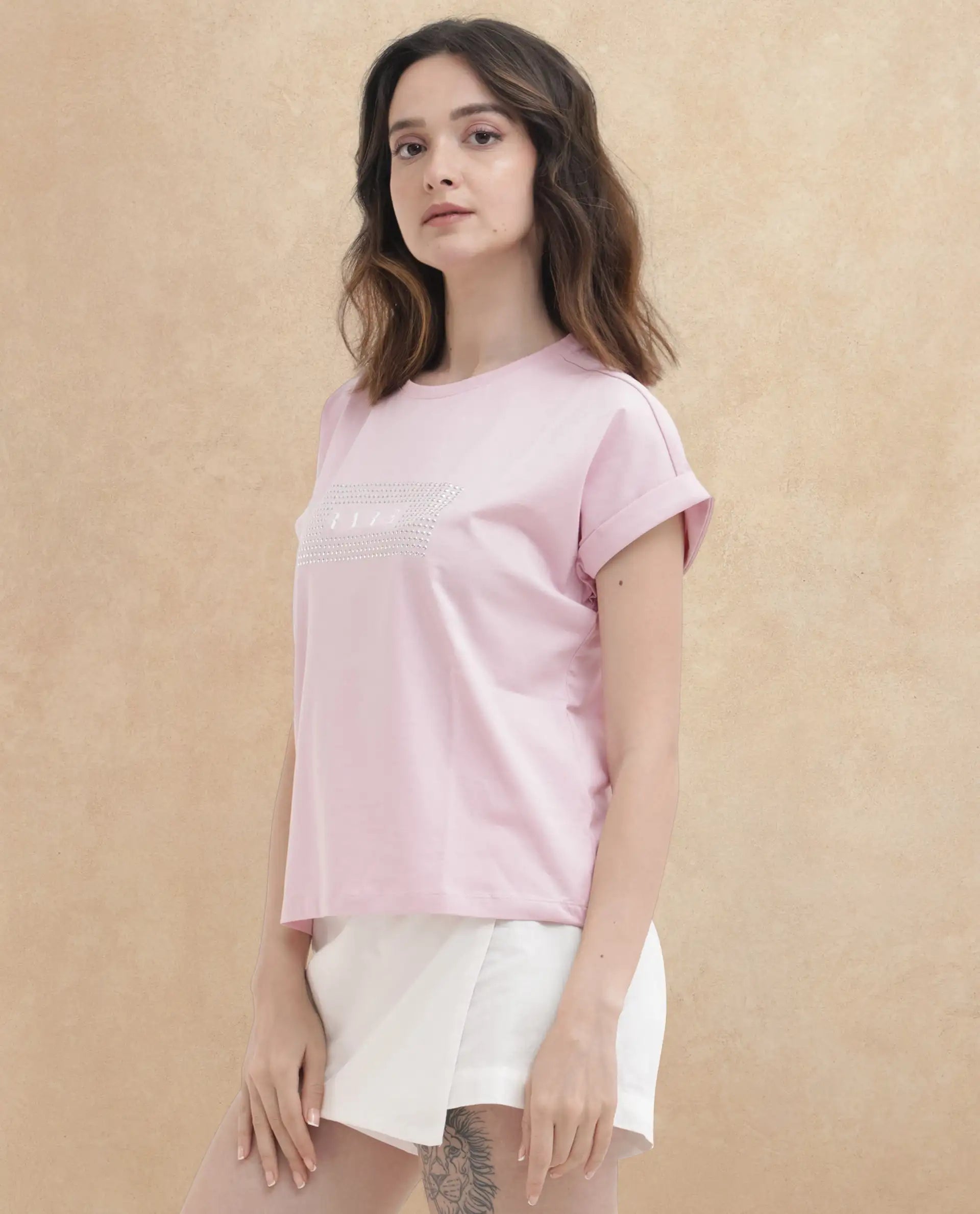 Rareism Women's Hoet Pink Cotton Blend Crew Neck Graphic Print Extended Sleeves Regular Fit T-Shirt