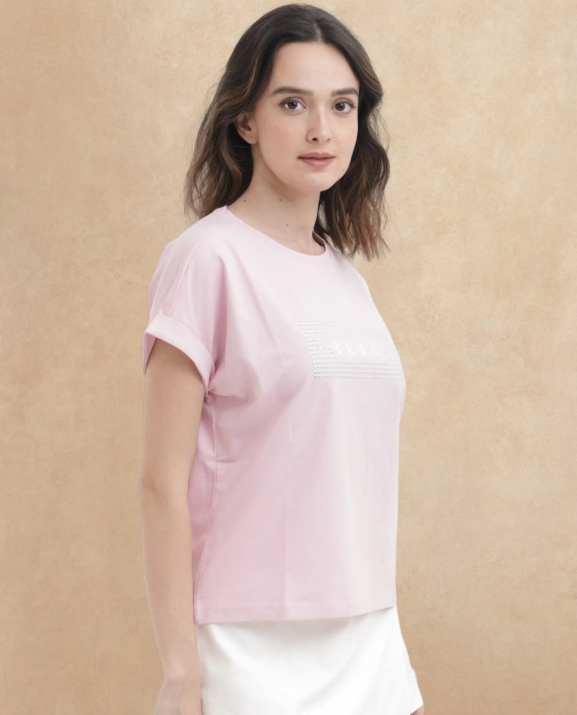 Rareism Women's Hoet Pink Cotton Blend Crew Neck Graphic Print Extended Sleeves Regular Fit T-Shirt